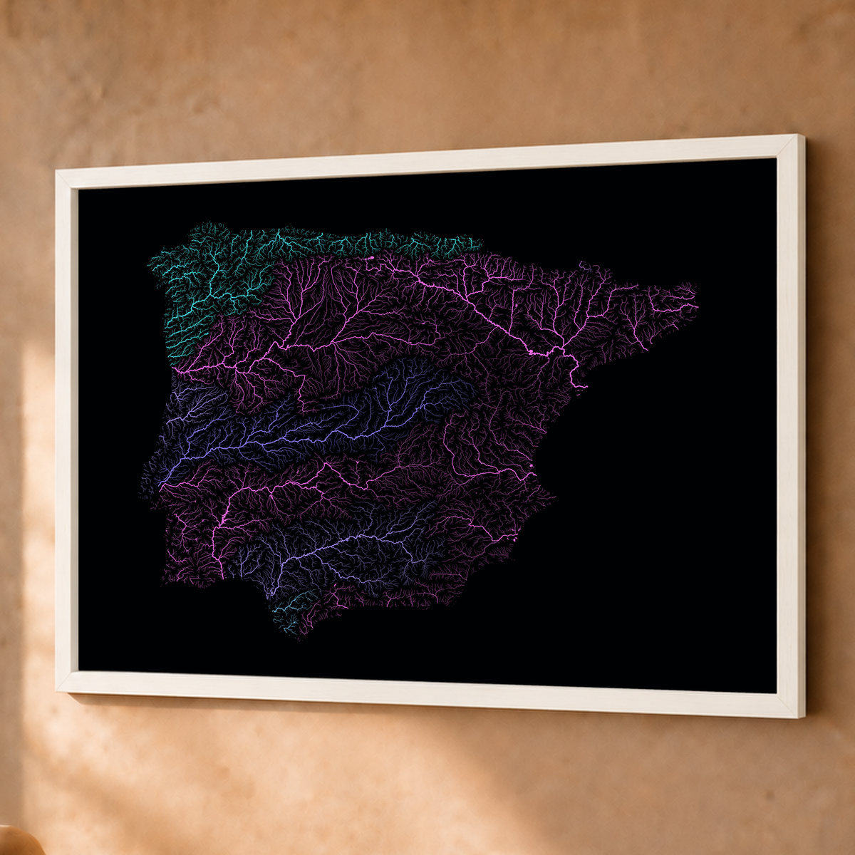 Beautiful Rivers — Península Ibérica — Neon hidrográfico, Fine art emoldurado · 60 × 80 cm, Branco · Sem margem