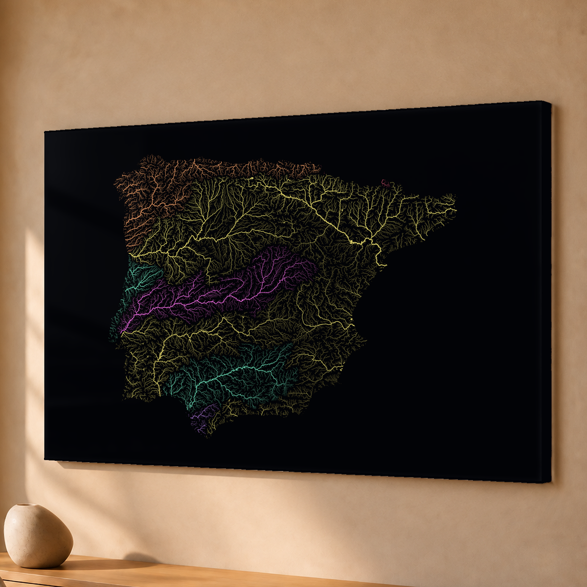 Beautiful Rivers — Península Ibérica — Neon por território, Acrílico · 40 × 60 cm, Sem margem