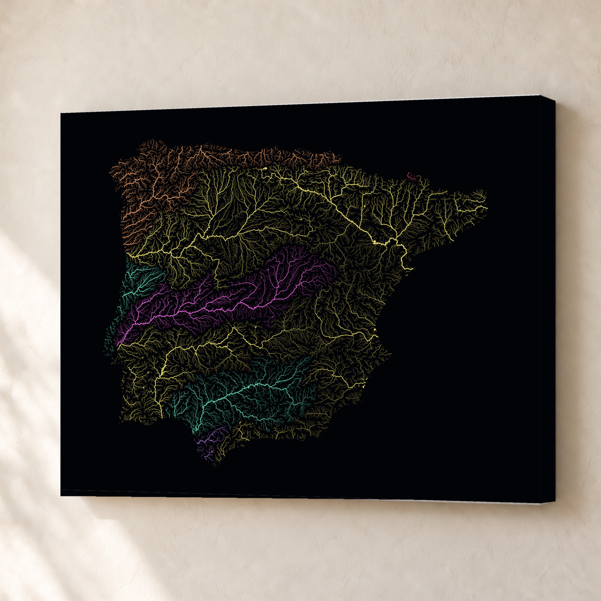 Beautiful Rivers — Península Ibérica — Neon por território, Canvas · 30 × 40 cm, Sem margem
