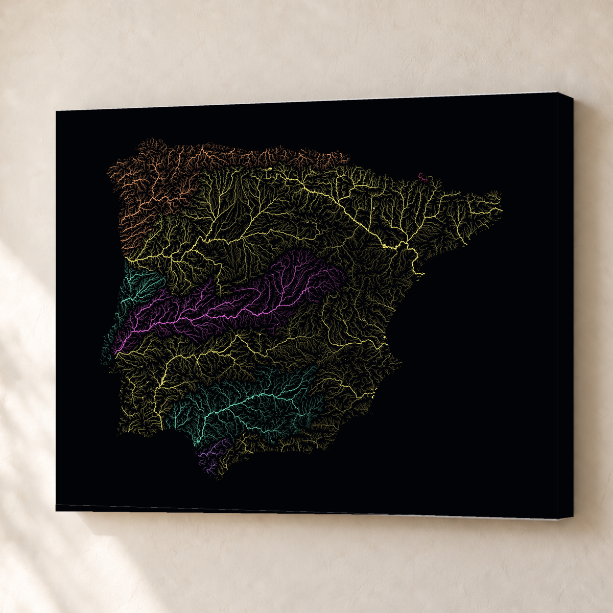 Beautiful Rivers — Península Ibérica — Neon por território, Canvas · 45 × 60 cm, Sem margem