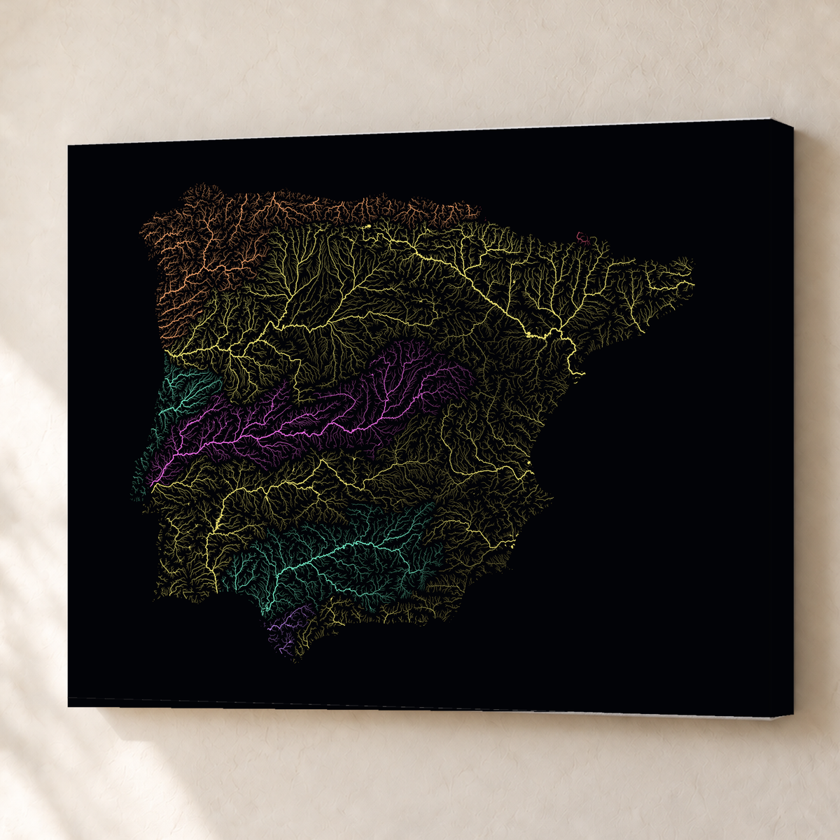 Beautiful Rivers — Península Ibérica — Neon por território, Canvas · 60 × 80 cm, Sem margem