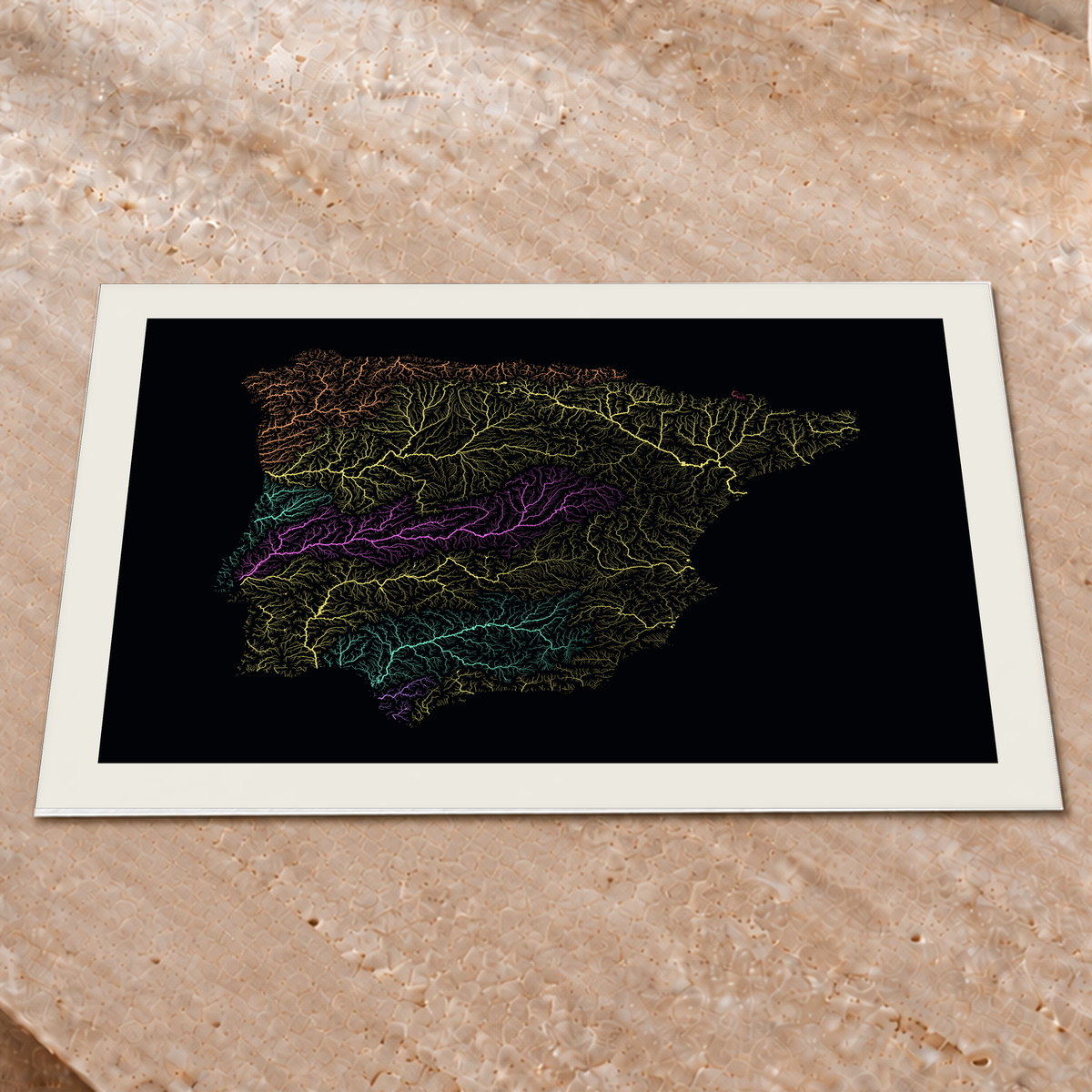 Beautiful Rivers — Península Ibérica — Neon por território, Impressão fine art · 45 × 60 cm, Margem branca