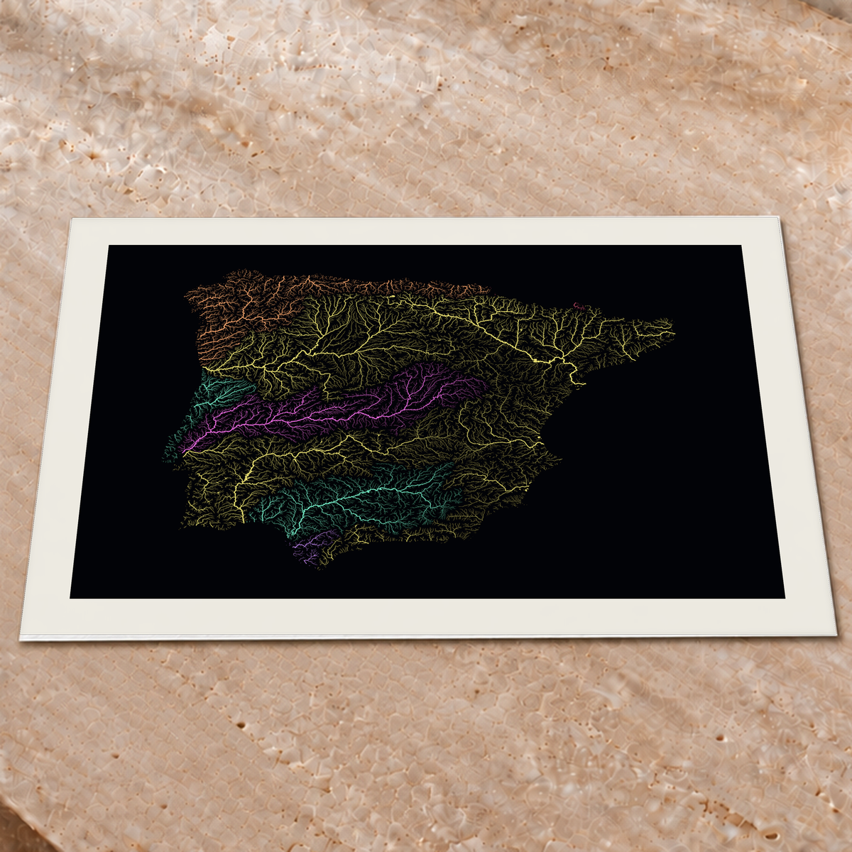 Beautiful Rivers — Península Ibérica — Neon por território, Impressão fine art · 60 × 80 cm, Margem branca
