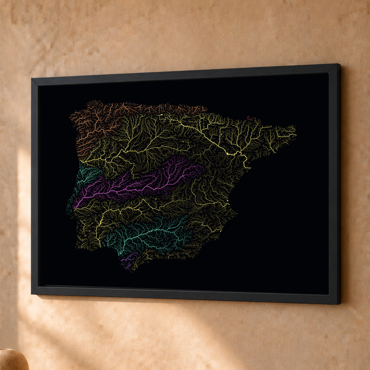 Beautiful Rivers — Península Ibérica — Neon por território, Fine art emoldurado · 30 × 40 cm, Preto · Sem margem