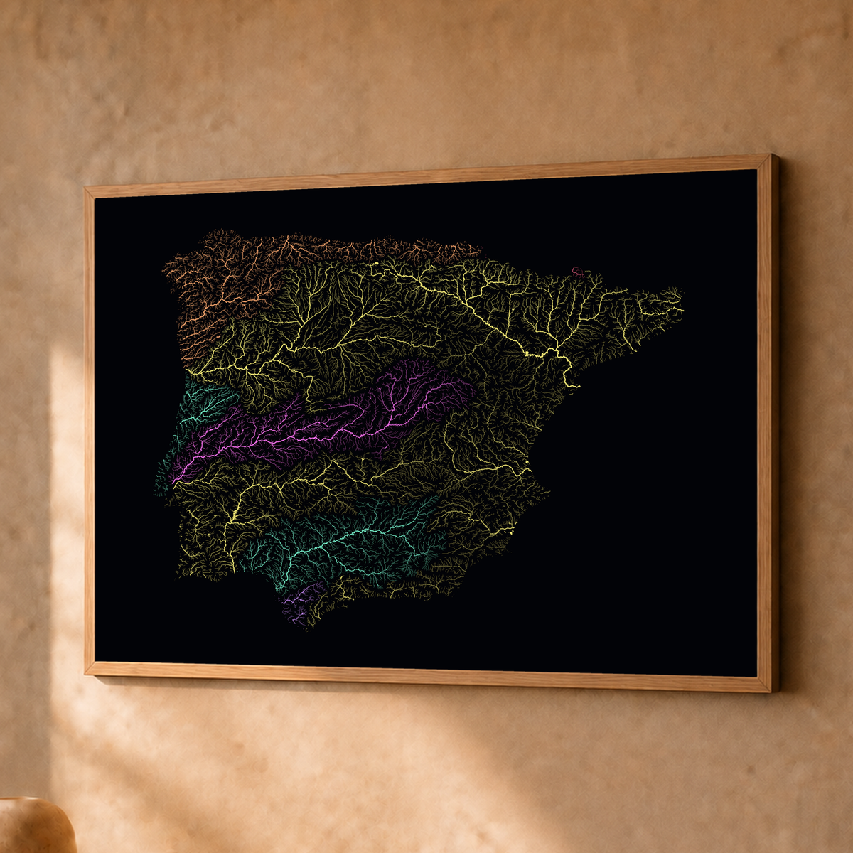 Beautiful Rivers — Península Ibérica — Neon por território, Fine art emoldurado · 30 × 40 cm, Natural · Sem margem
