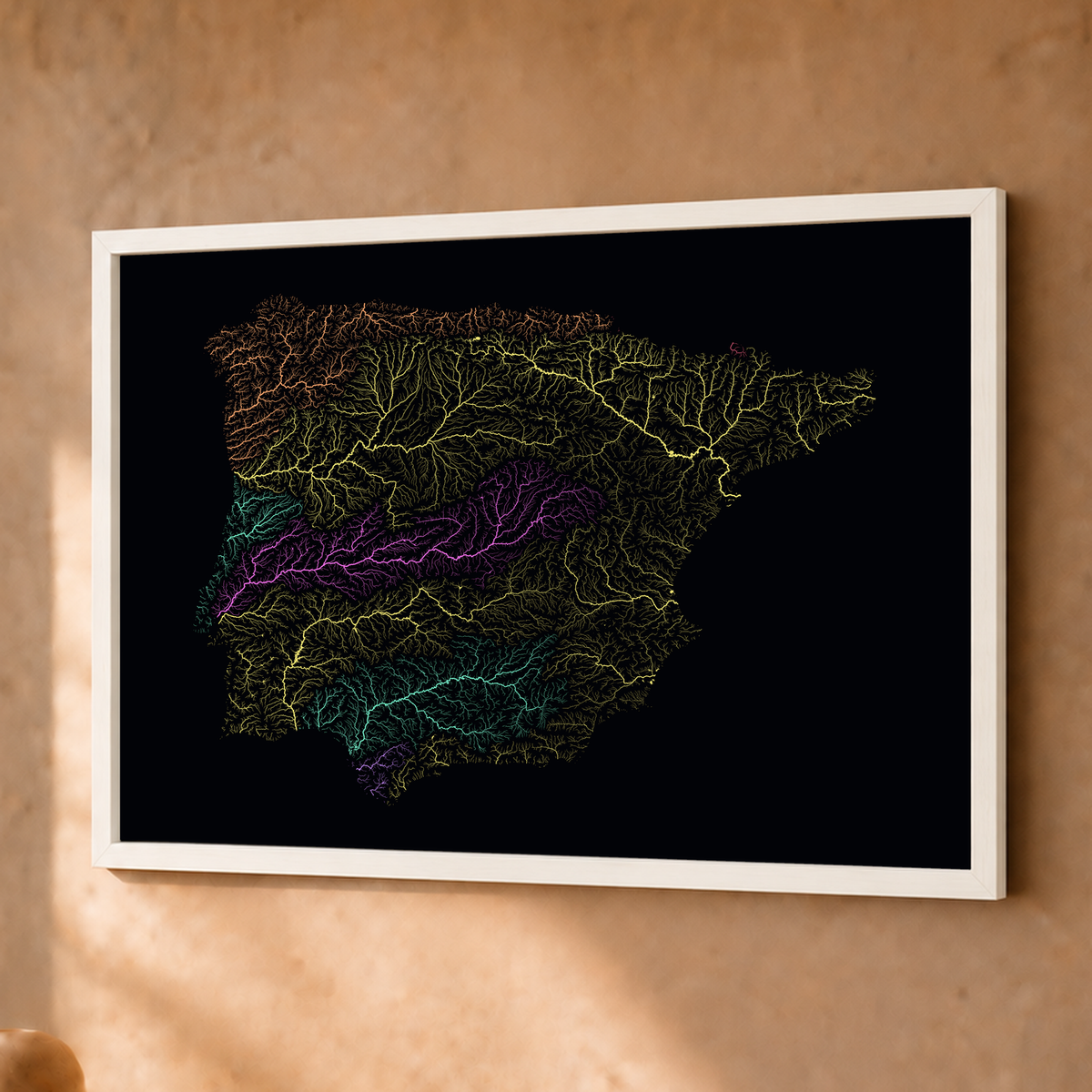 Beautiful Rivers — Península Ibérica — Neon por território, Fine art emoldurado · 30 × 40 cm, Branco · Sem margem