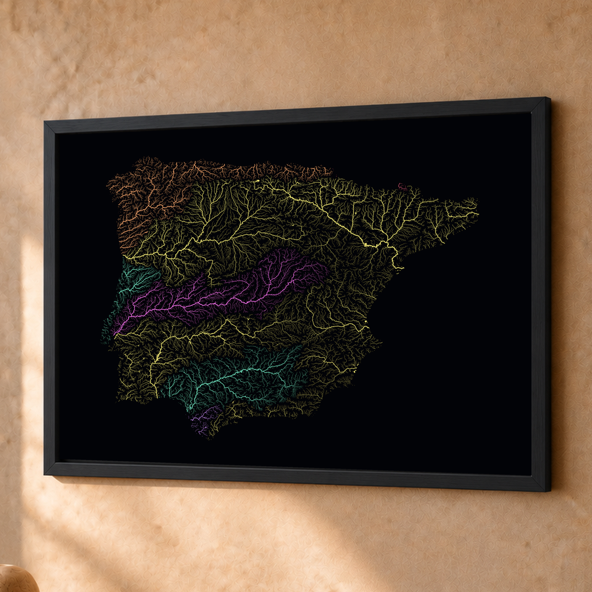 Beautiful Rivers — Península Ibérica — Neon por território, Fine art emoldurado · 45 × 60 cm, Preto · Sem margem