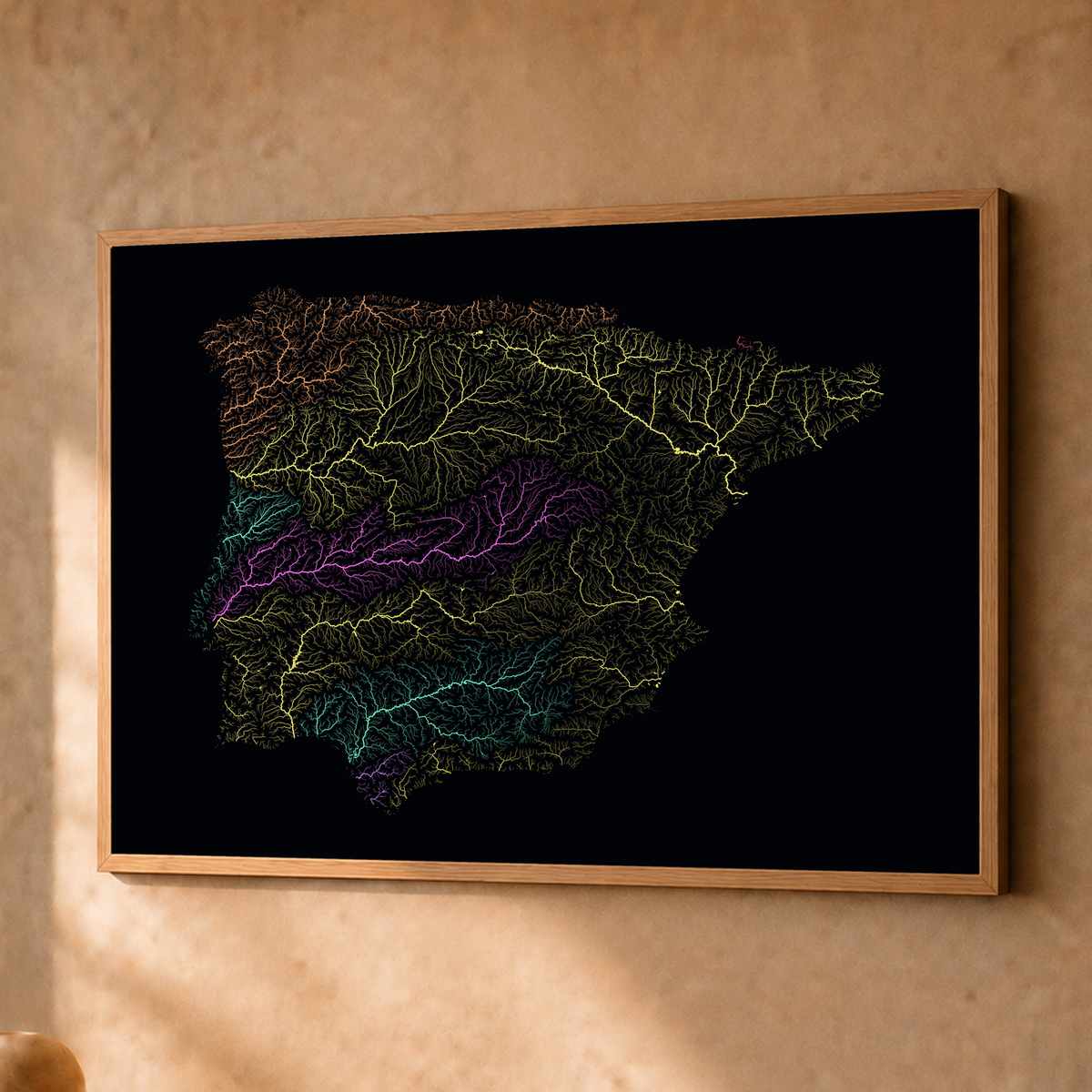 Beautiful Rivers — Península Ibérica — Neon por território, Fine art emoldurado · 45 × 60 cm, Natural · Sem margem