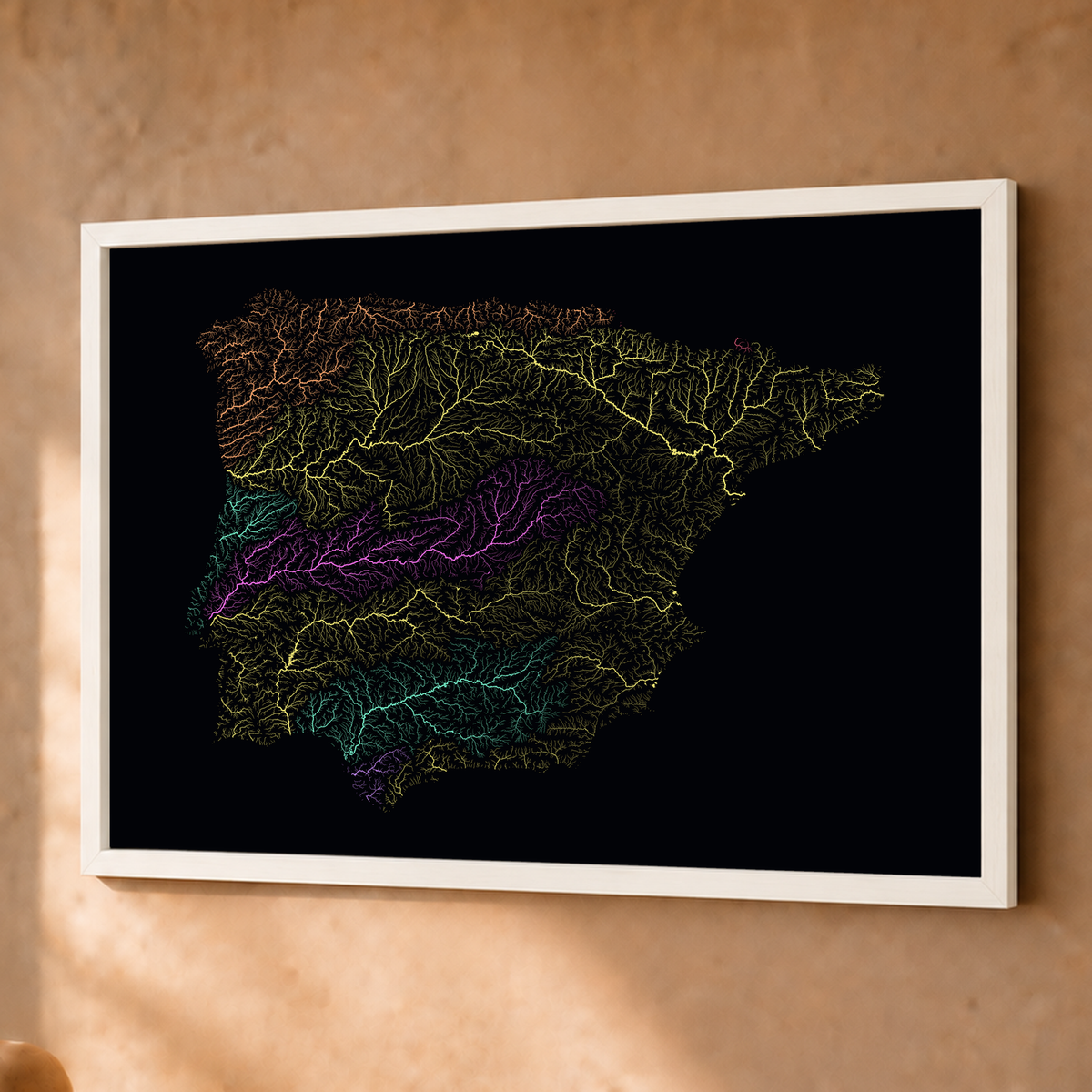 Beautiful Rivers — Península Ibérica — Neon por território, Fine art emoldurado · 45 × 60 cm, Branco · Sem margem