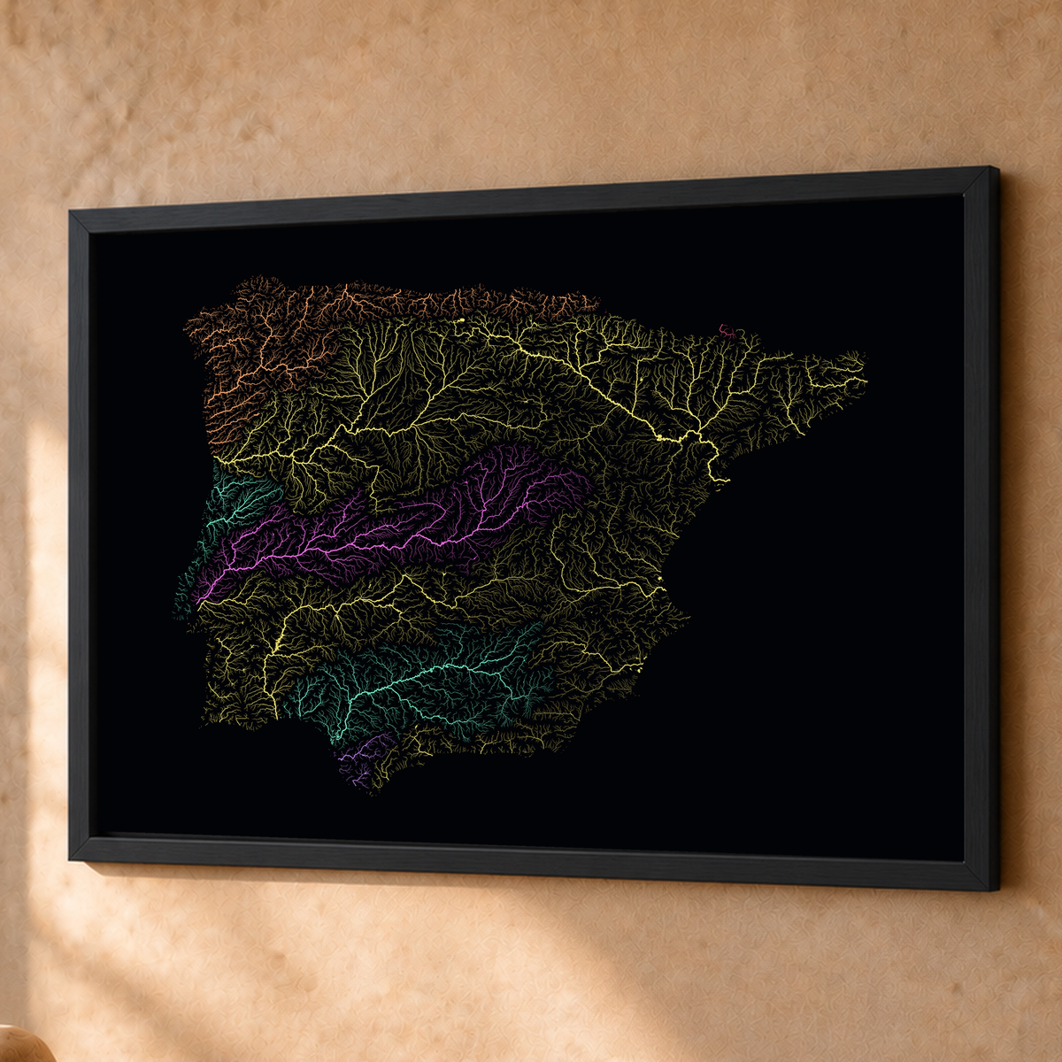 Beautiful Rivers — Península Ibérica — Neon por território, Fine art emoldurado · 60 × 80 cm, Preto · Sem margem