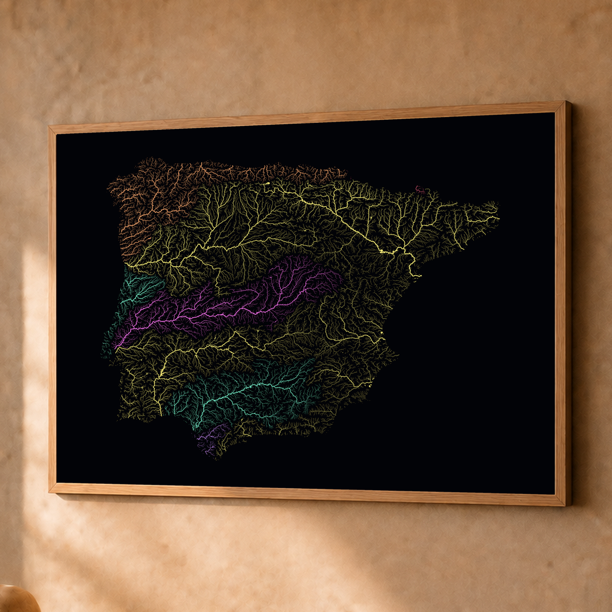 Beautiful Rivers — Península Ibérica — Neon por território, Fine art emoldurado · 60 × 80 cm, Natural · Sem margem