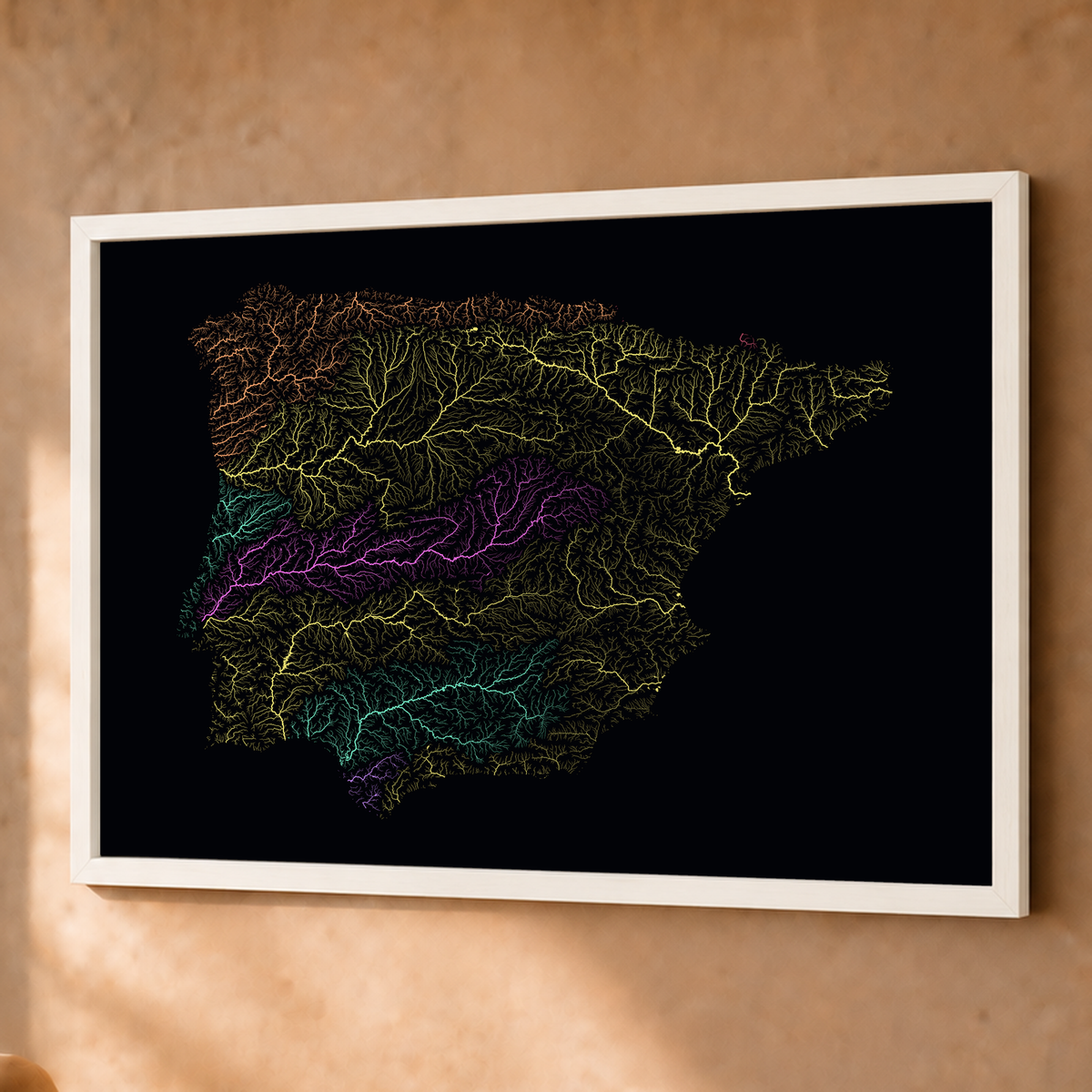 Beautiful Rivers — Península Ibérica — Neon por território, Fine art emoldurado · 60 × 80 cm, Branco · Sem margem