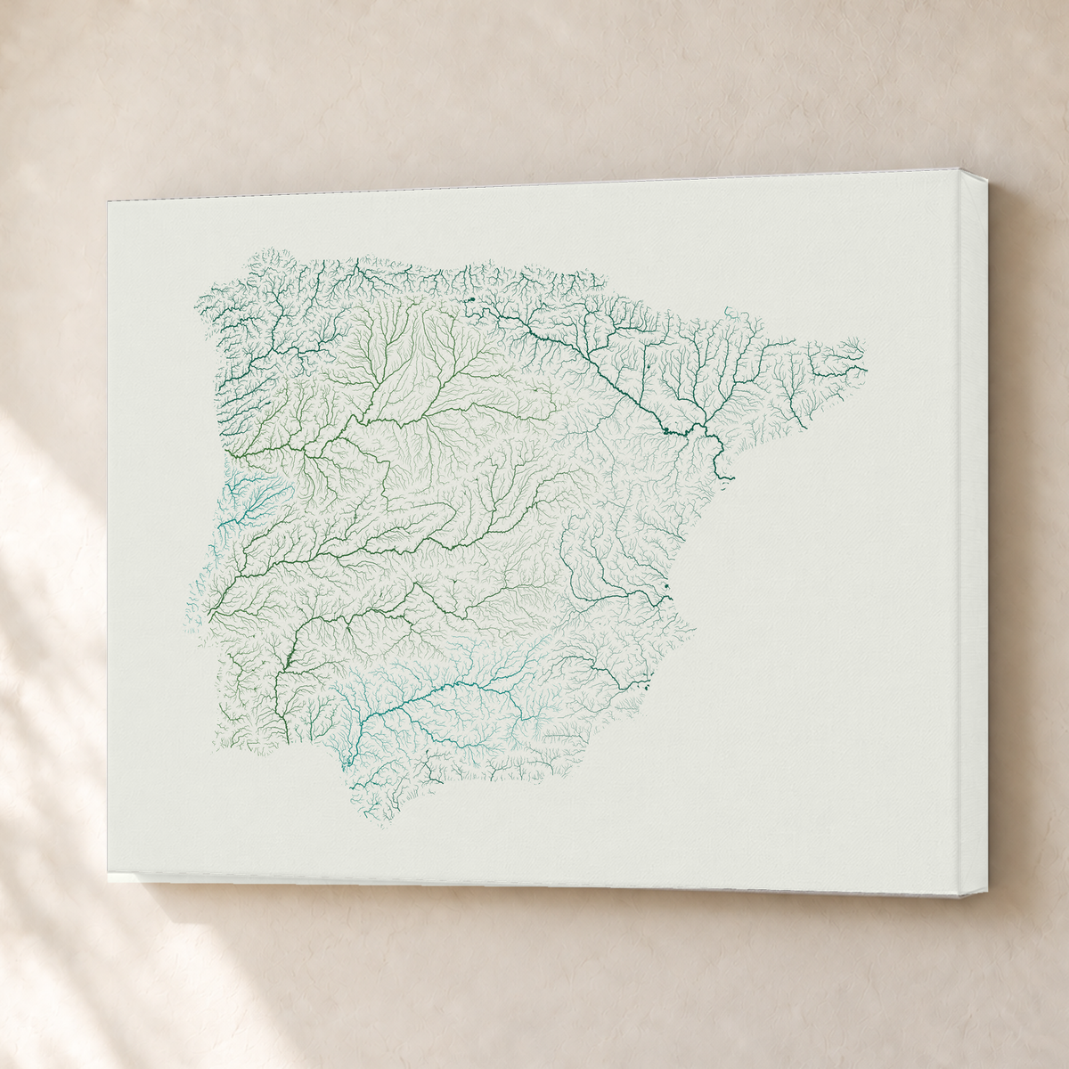 Beautiful Rivers — Península Ibérica — Verde jade e porcelana, Canvas · 30 × 40 cm, Sem margem