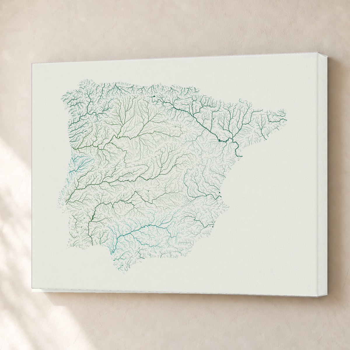 Beautiful Rivers — Península Ibérica — Verde jade e porcelana, Canvas · 45 × 60 cm, Sem margem