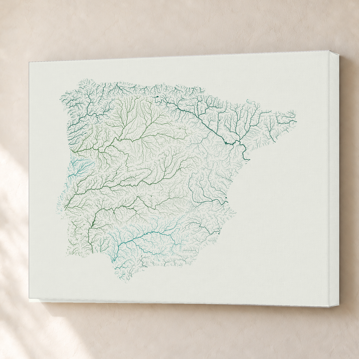 Beautiful Rivers — Península Ibérica — Verde jade e porcelana, Canvas · 60 × 80 cm, Sem margem