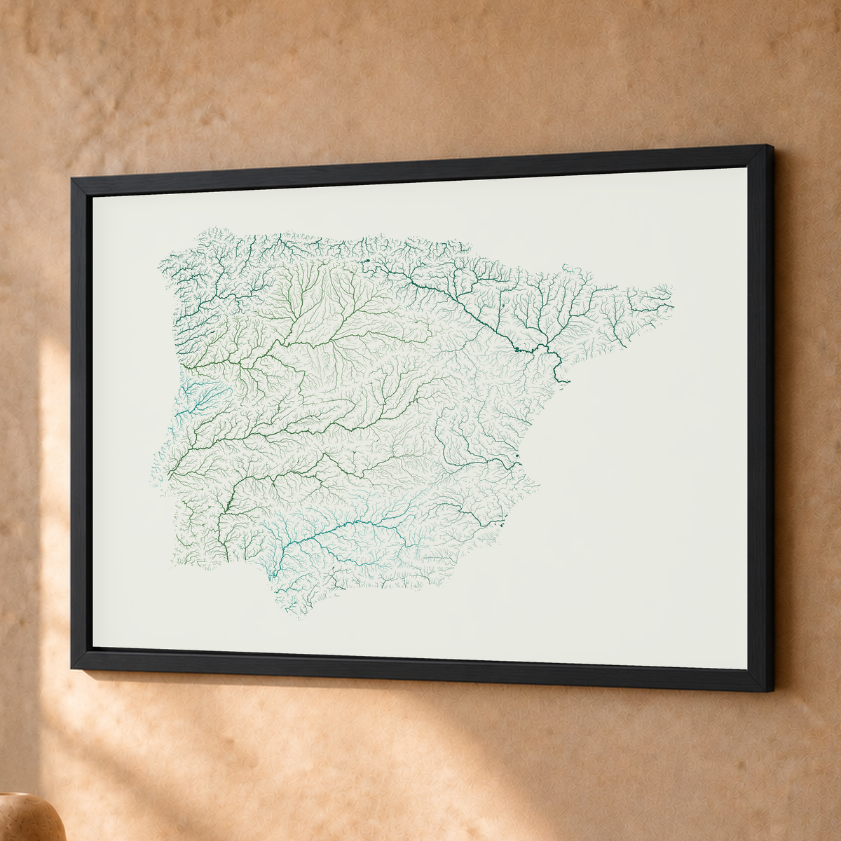 Beautiful Rivers — Península Ibérica — Verde jade e porcelana, Fine art emoldurado · 30 × 40 cm, Preto · Sem margem