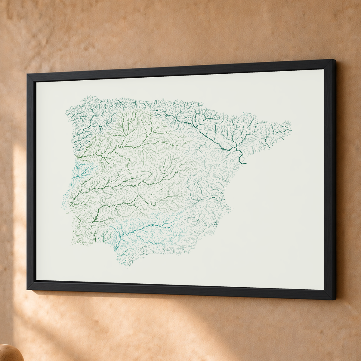 Beautiful Rivers — Península Ibérica — Verde jade e porcelana, Fine art emoldurado · 45 × 60 cm, Preto · Sem margem