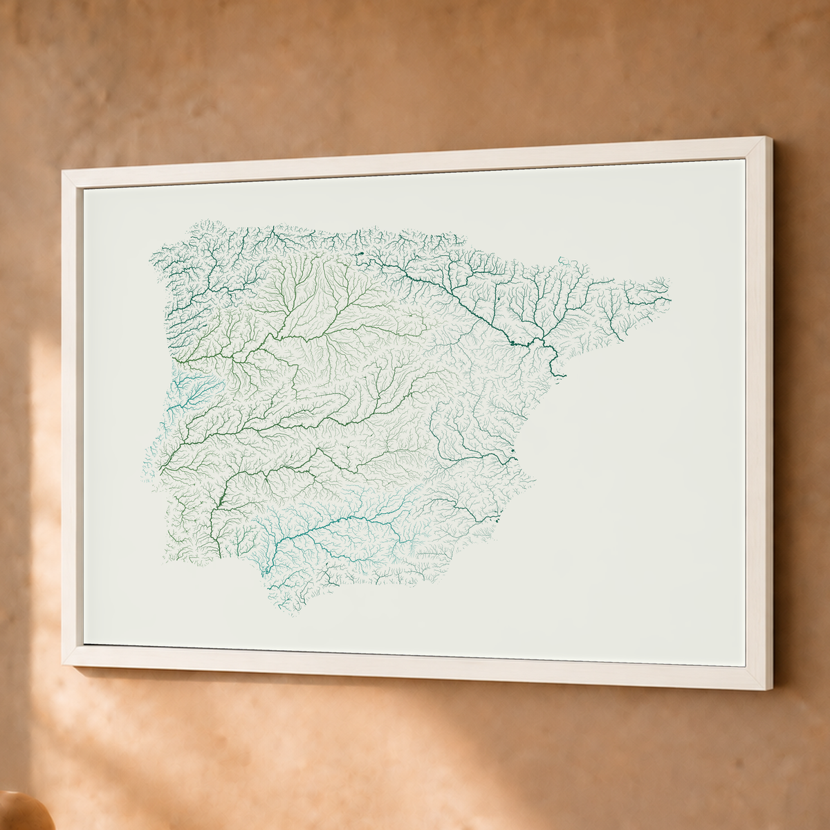 Beautiful Rivers — Península Ibérica — Verde jade e porcelana, Fine art emoldurado · 45 × 60 cm, Branco · Sem margem