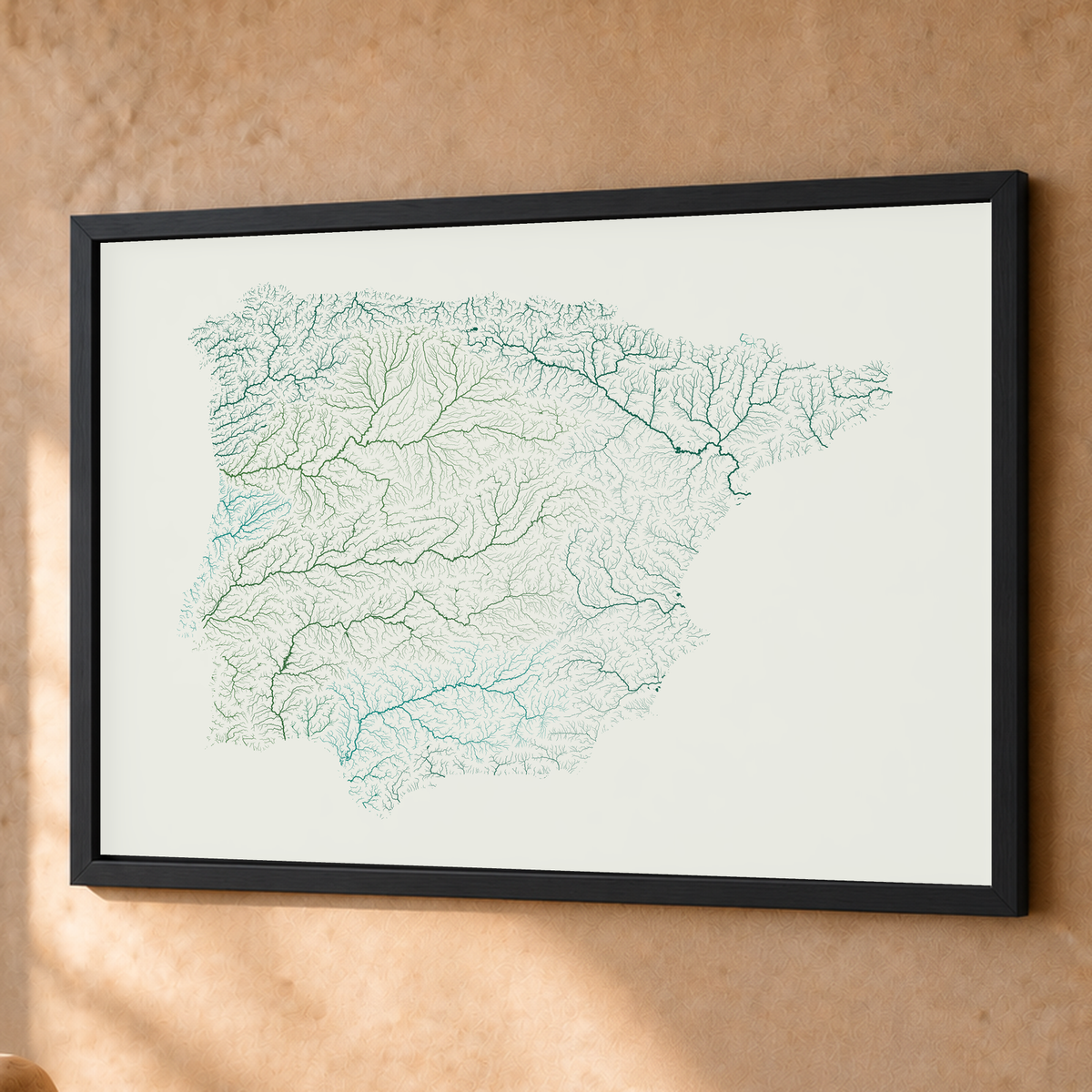 Beautiful Rivers — Península Ibérica — Verde jade e porcelana, Fine art emoldurado · 60 × 80 cm, Preto · Sem margem