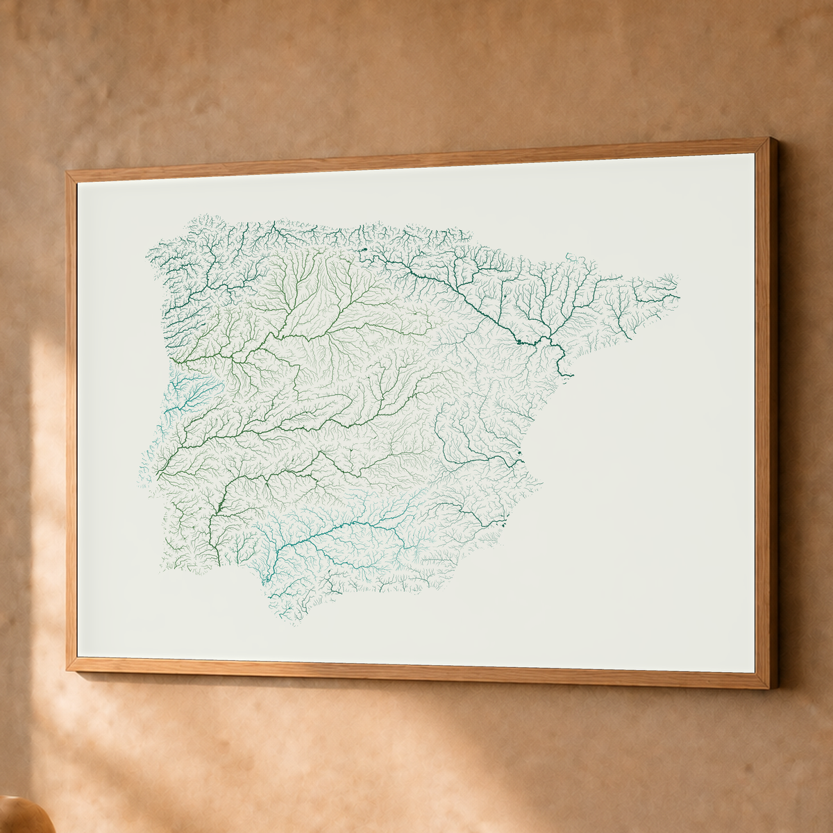 Beautiful Rivers — Península Ibérica — Verde jade e porcelana, Fine art emoldurado · 60 × 80 cm, Natural · Sem margem