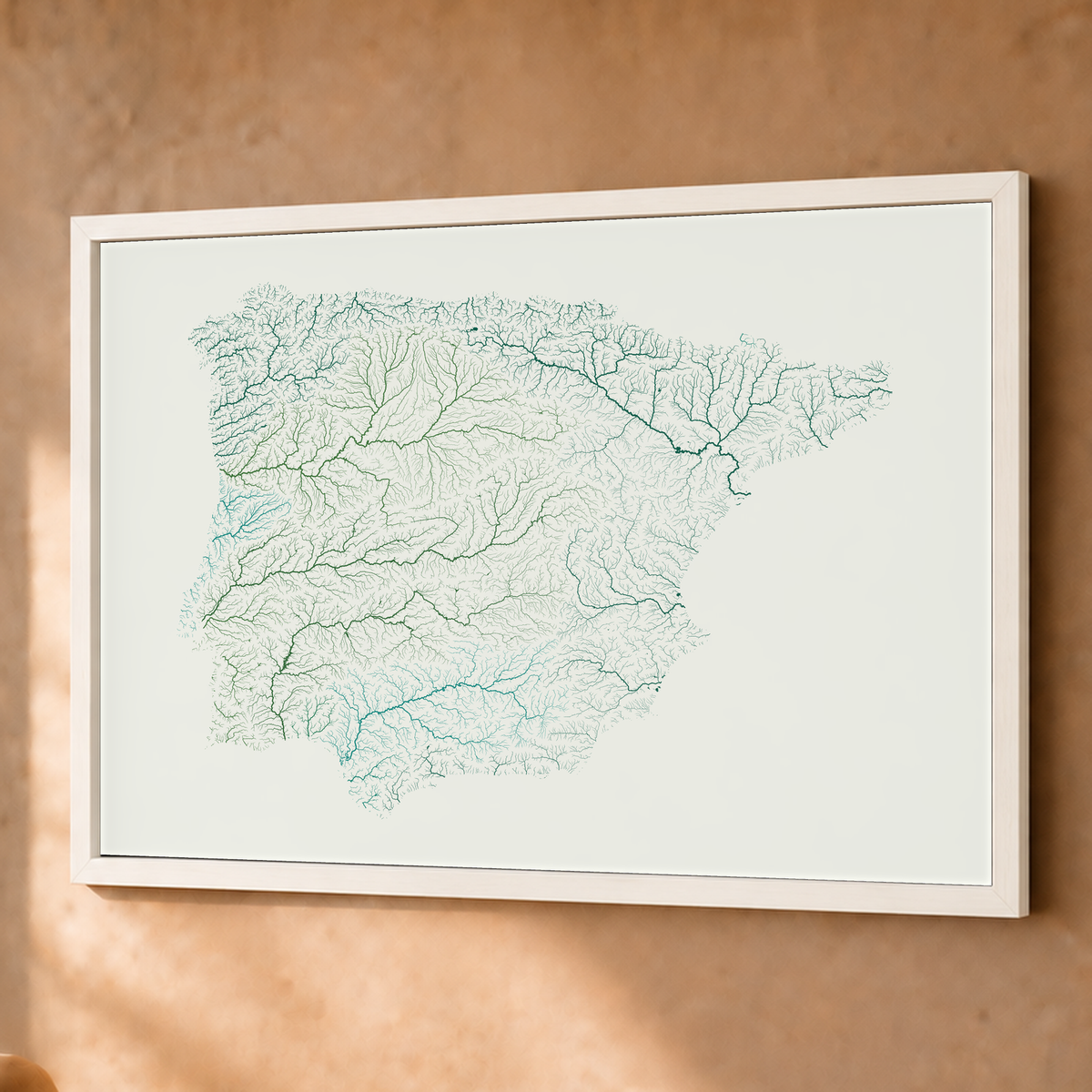 Beautiful Rivers — Península Ibérica — Verde jade e porcelana, Fine art emoldurado · 60 × 80 cm, Branco · Sem margem