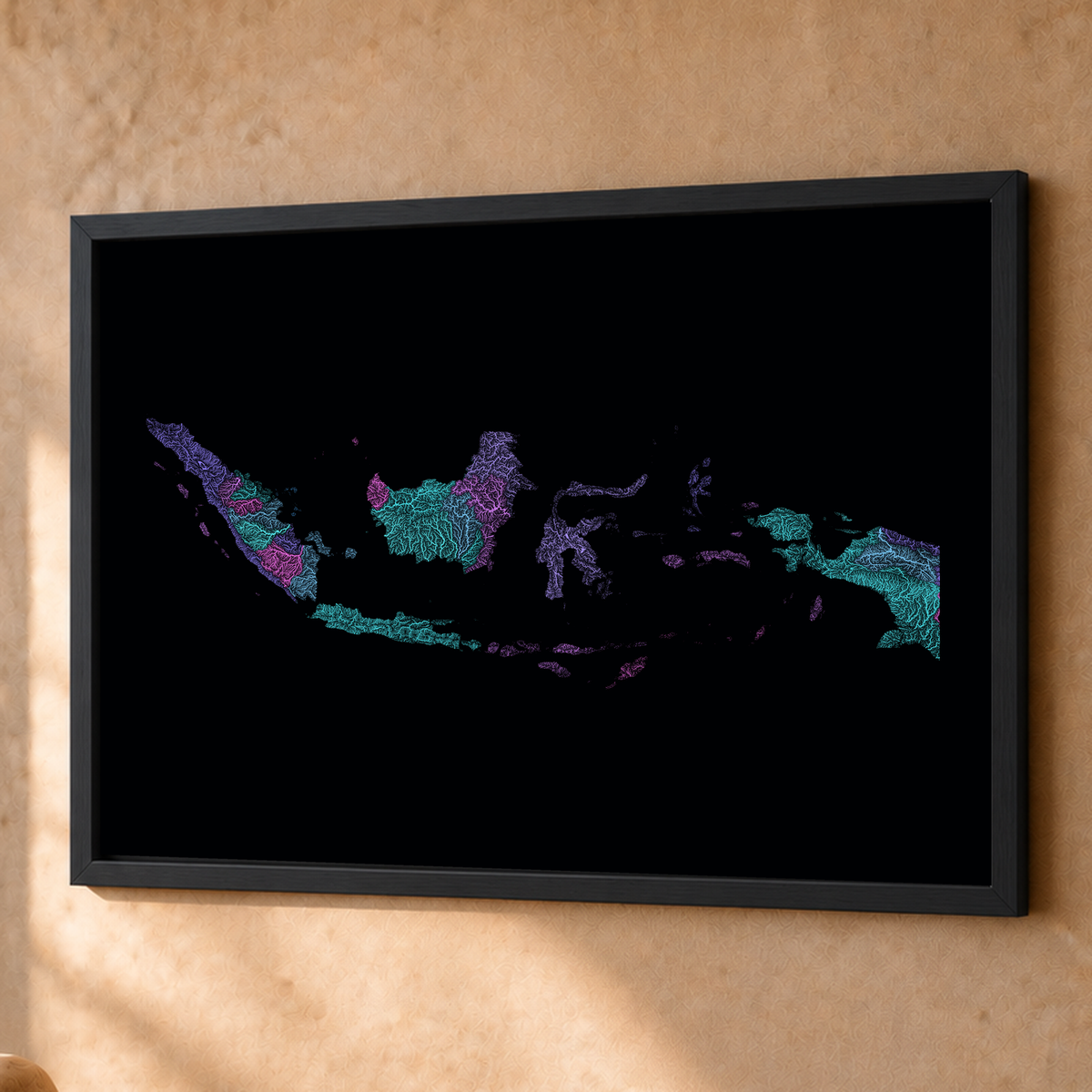 Quadro dos rios da Indonésia — Neon hidrográfico, Preto · Sem margem — Fine art emoldurado — 4x3