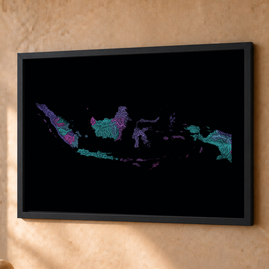 Quadro dos rios da Indonésia — Neon hidrográfico, Preto · Sem margem — Fine art emoldurado — 4x3