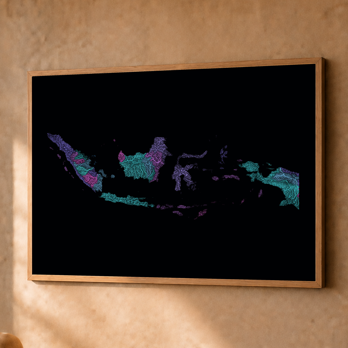 Quadro dos rios da Indonésia — Neon hidrográfico, Natural · Sem margem — Fine art emoldurado — 4x3
