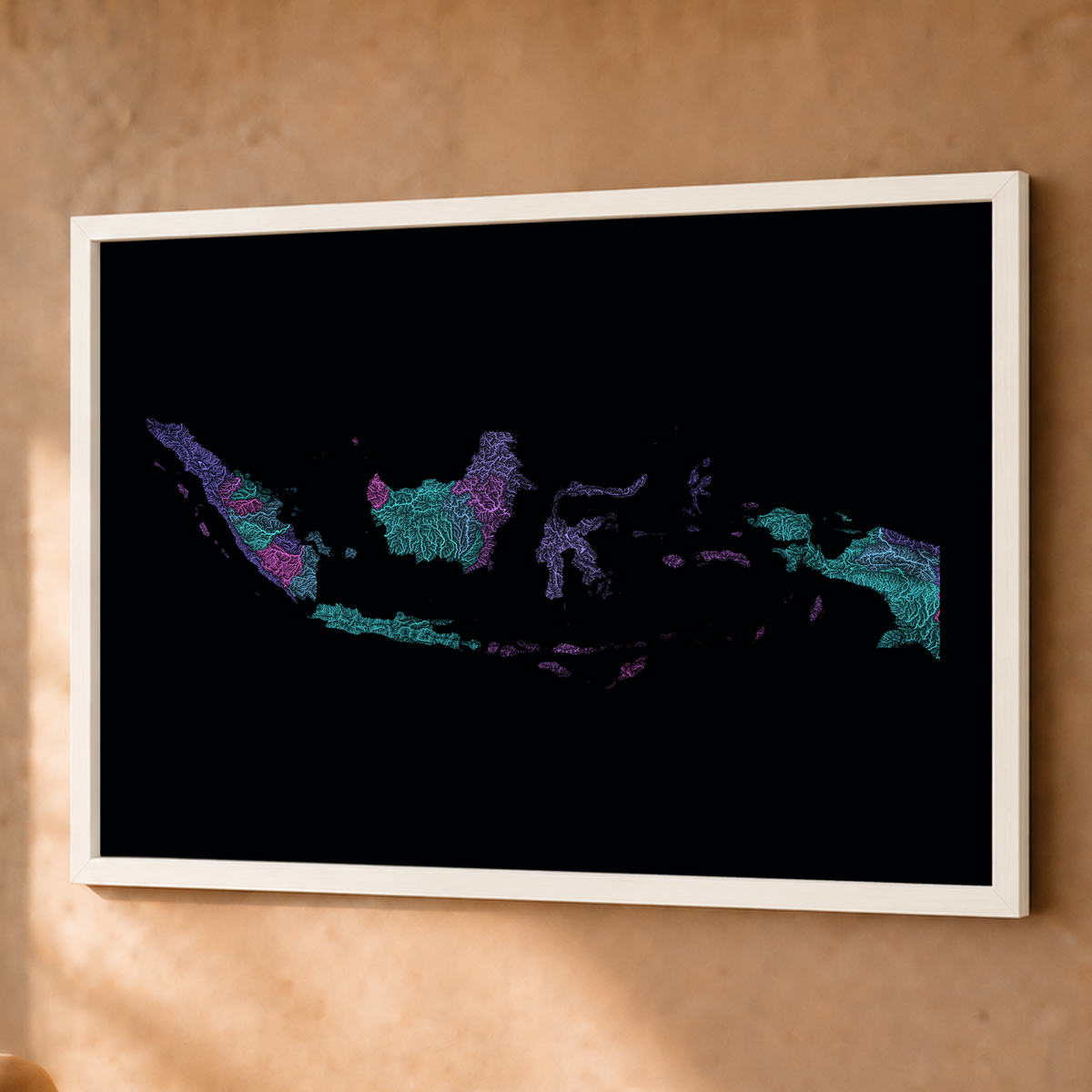 Quadro dos rios da Indonésia — Neon hidrográfico, Branco · Sem margem — Fine art emoldurado — 4x3