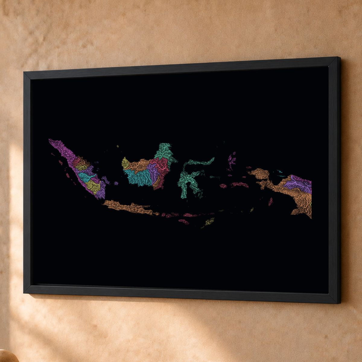 Quadro dos rios da Indonésia — Neon por território, Preto · Sem margem — Fine art emoldurado — 4x3