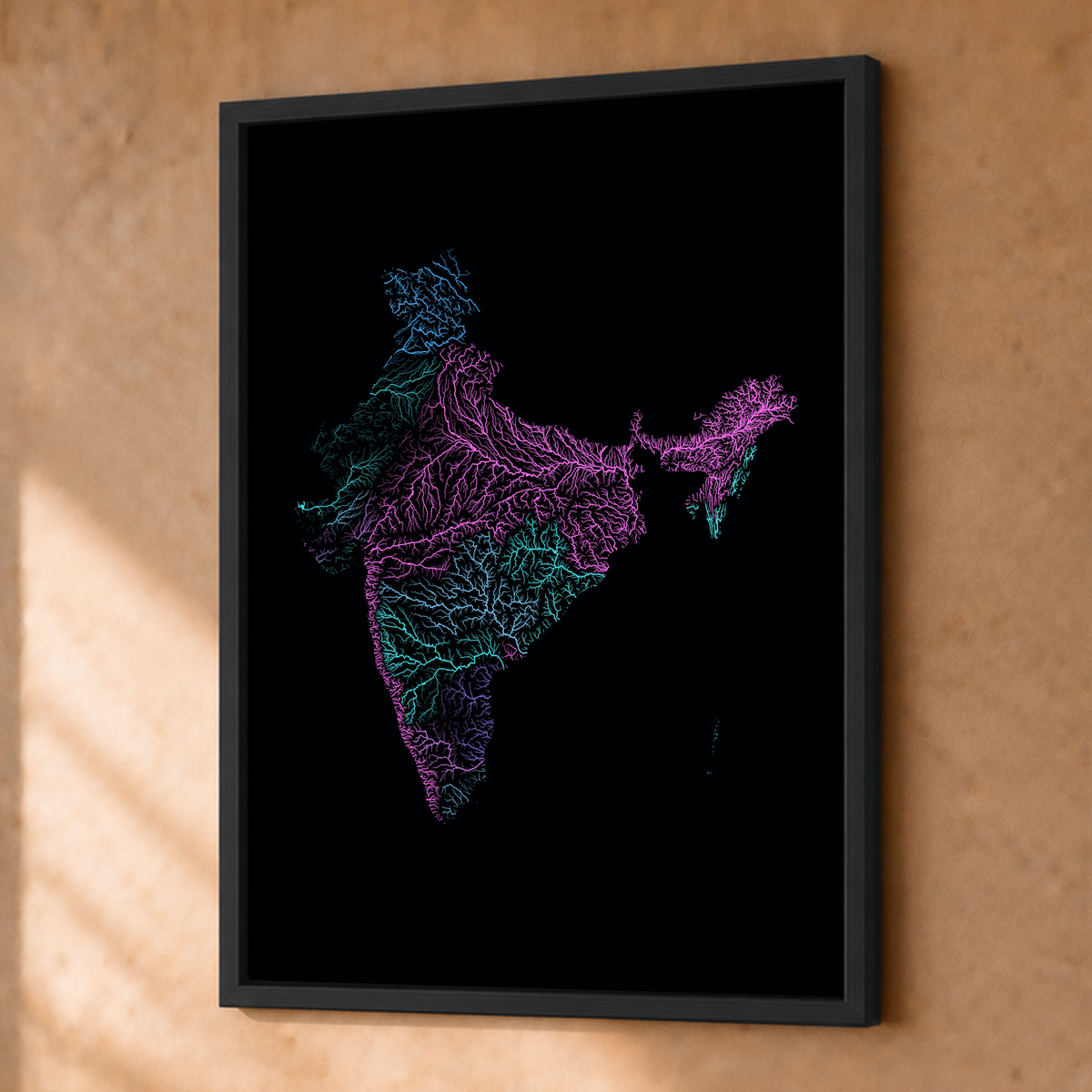 Beautiful Rivers — Índia — Neon hidrográfico, Fine art emoldurado · 30 × 40 cm, Preto · Sem margem