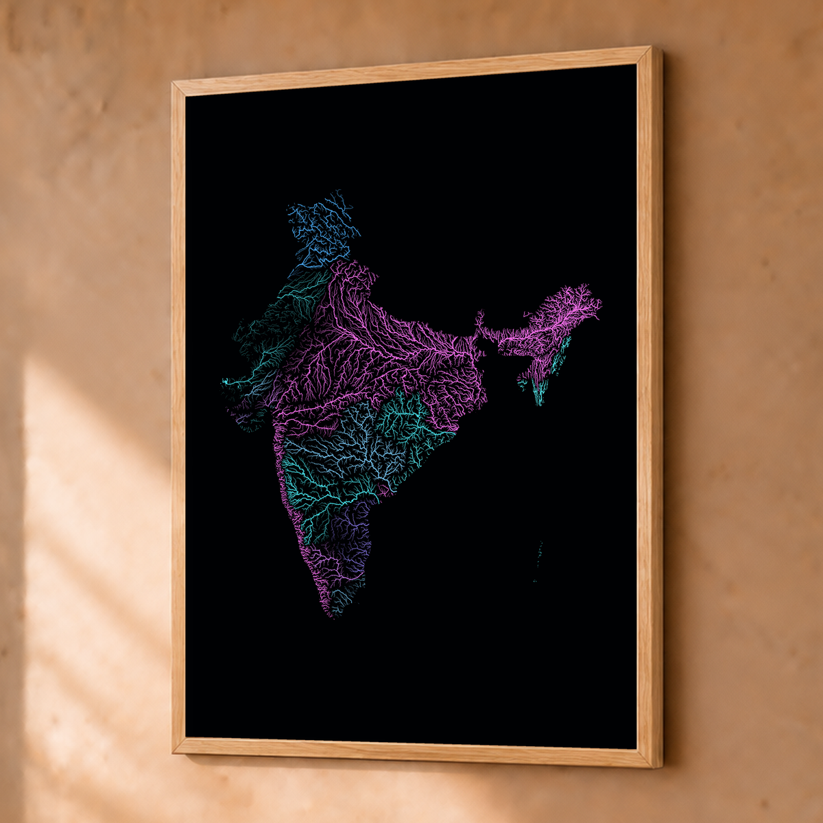 Beautiful Rivers — Índia — Neon hidrográfico, Fine art emoldurado · 30 × 40 cm, Natural · Sem margem