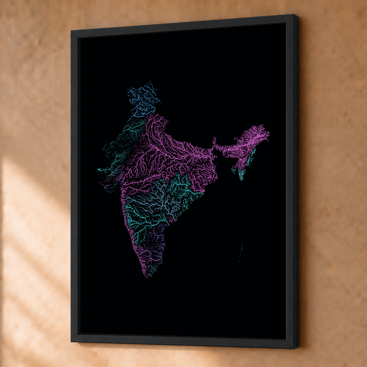 Beautiful Rivers — Índia — Neon hidrográfico, Fine art emoldurado · 45 × 60 cm, Preto · Sem margem