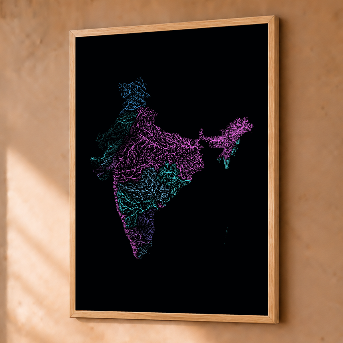 Beautiful Rivers — Índia — Neon hidrográfico, Fine art emoldurado · 45 × 60 cm, Natural · Sem margem