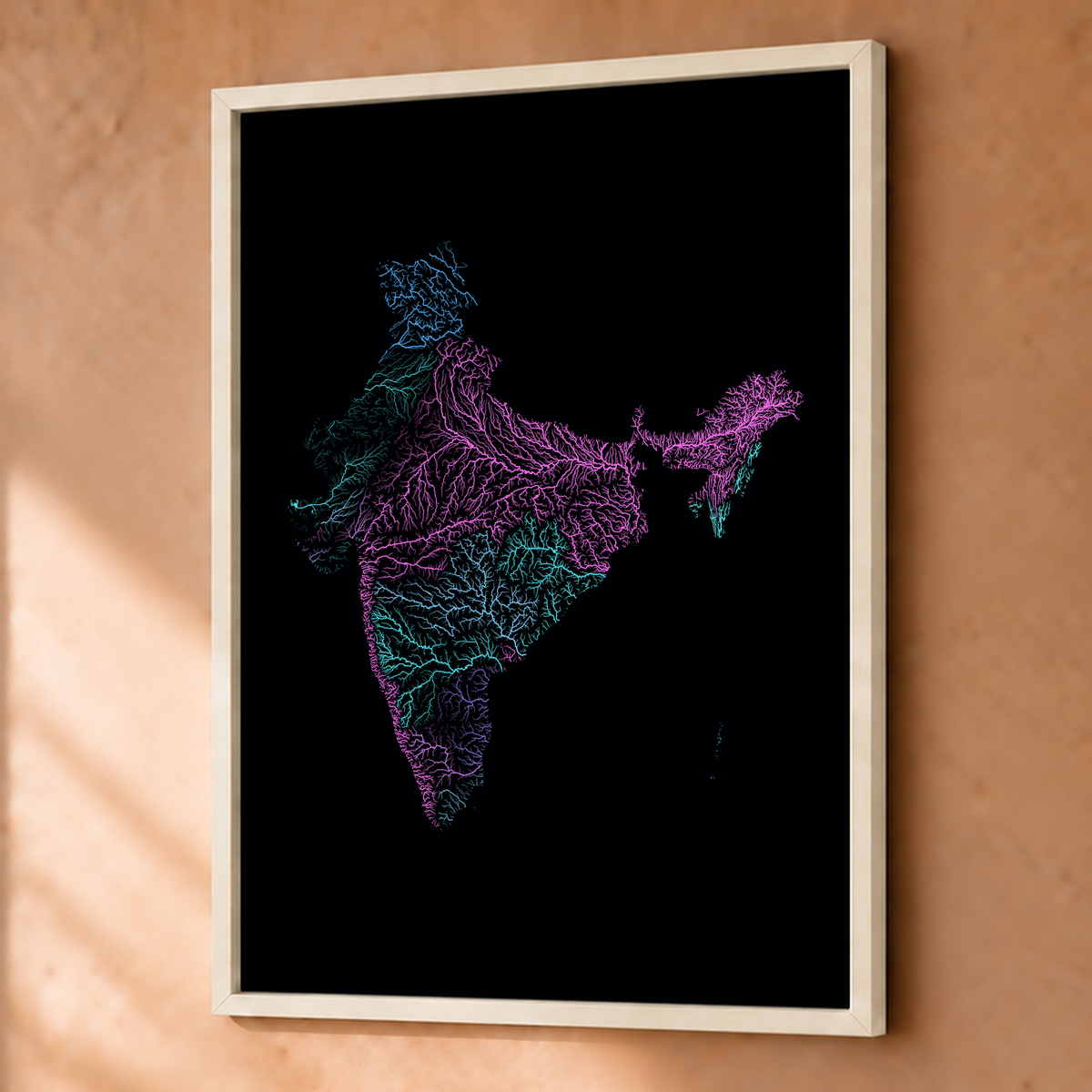 Beautiful Rivers — Índia — Neon hidrográfico, Fine art emoldurado · 45 × 60 cm, Branco · Sem margem