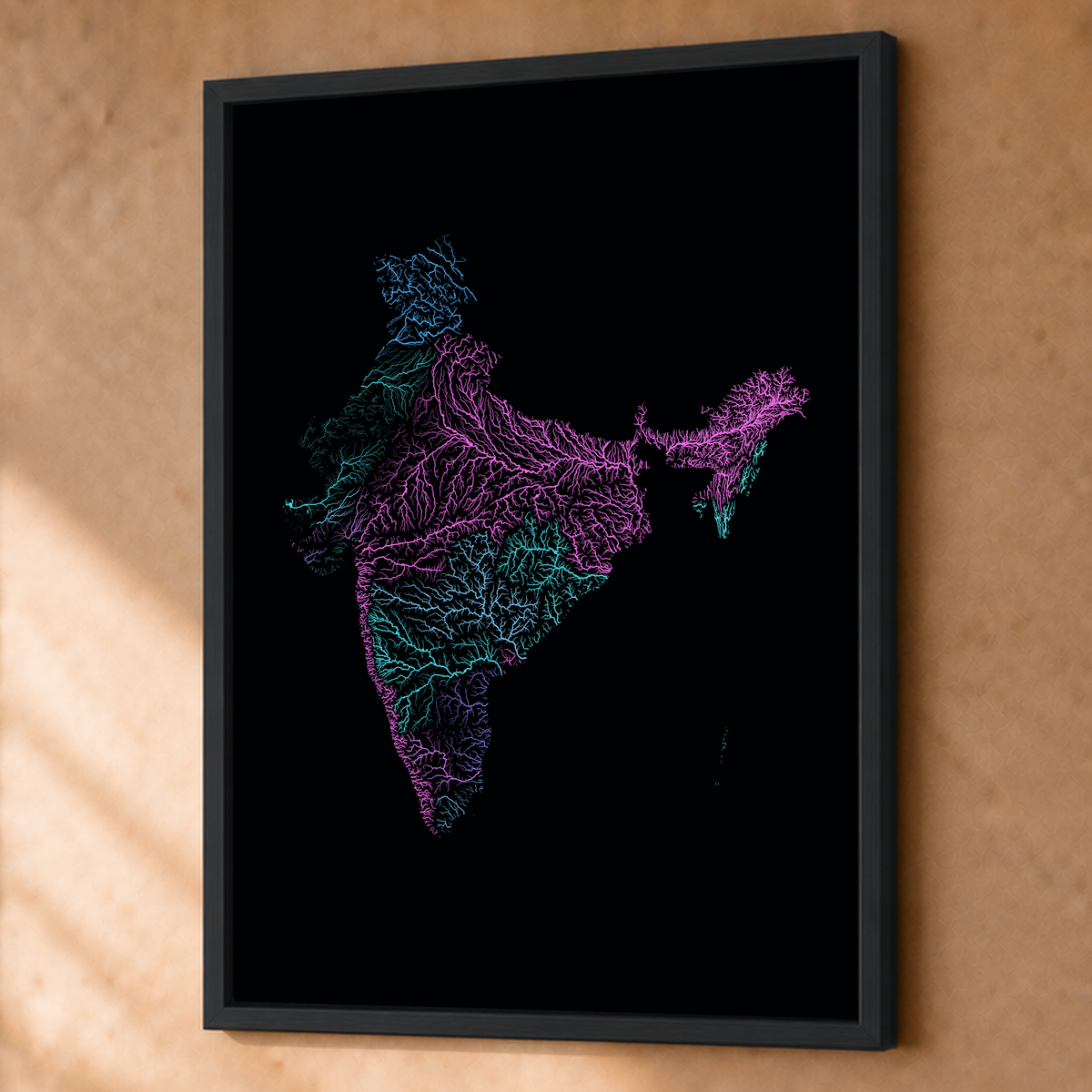 Beautiful Rivers — Índia — Neon hidrográfico, Fine art emoldurado · 60 × 80 cm, Preto · Sem margem