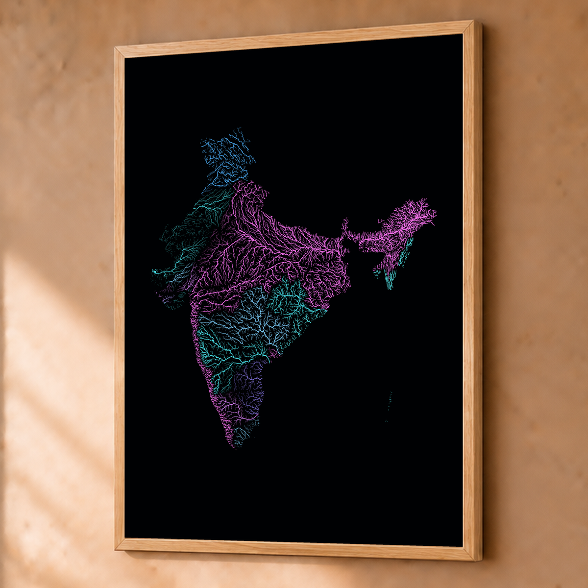 Beautiful Rivers — Índia — Neon hidrográfico, Fine art emoldurado · 60 × 80 cm, Natural · Sem margem