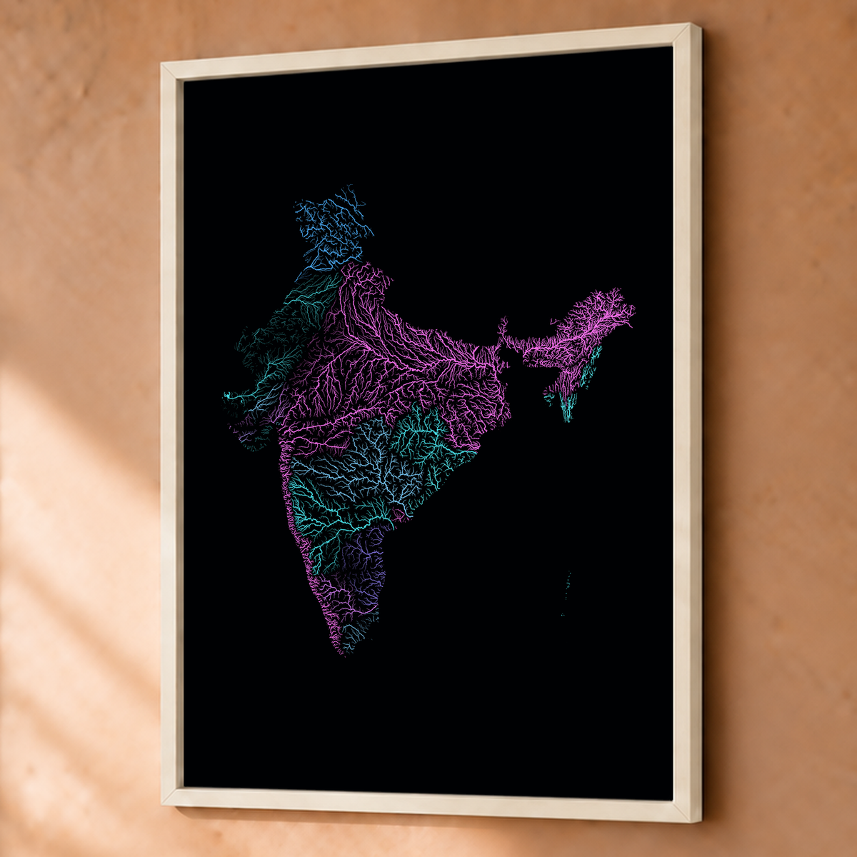 Beautiful Rivers — Índia — Neon hidrográfico, Fine art emoldurado · 60 × 80 cm, Branco · Sem margem