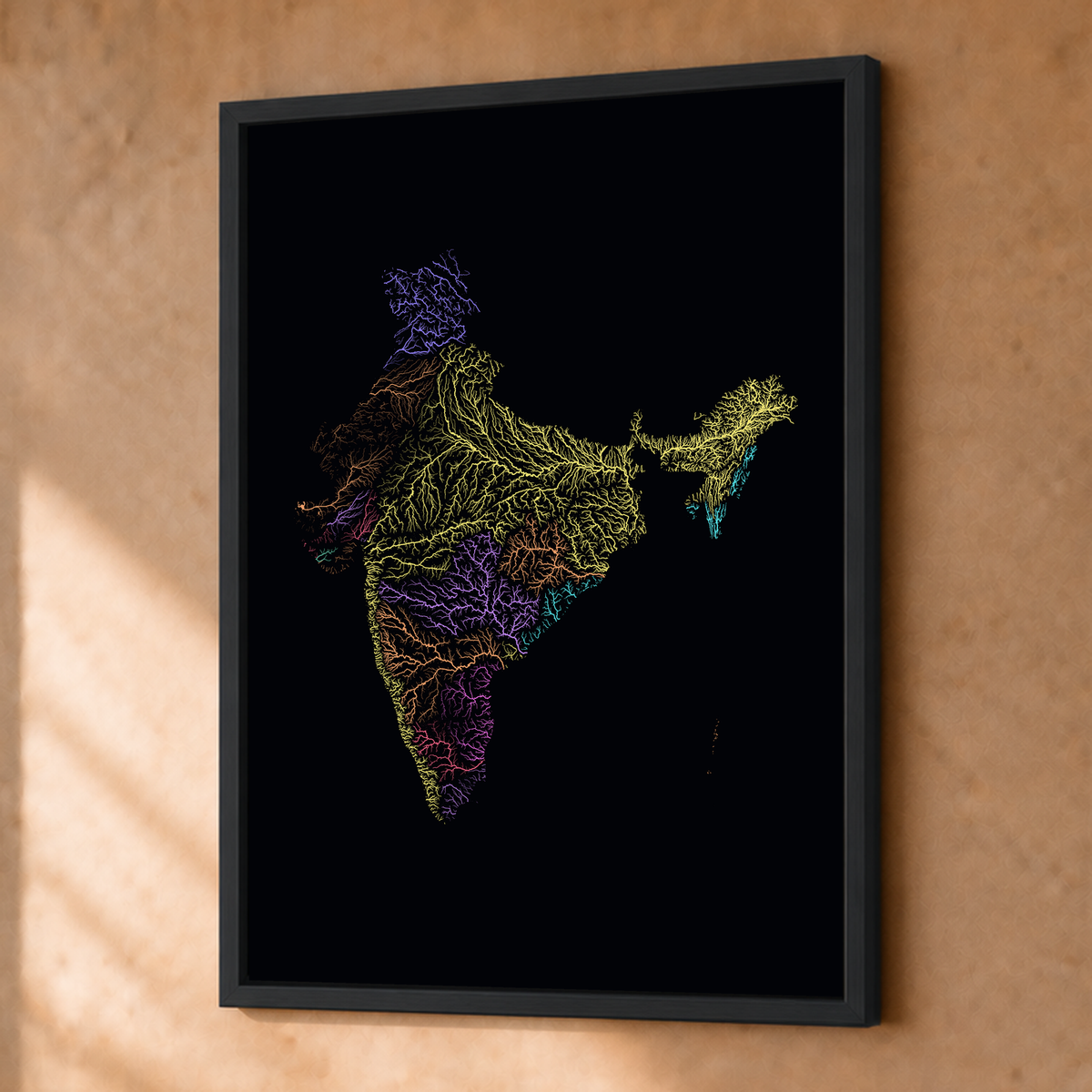 Beautiful Rivers — Índia — Neon por território, Fine art emoldurado · 30 × 40 cm, Preto · Sem margem