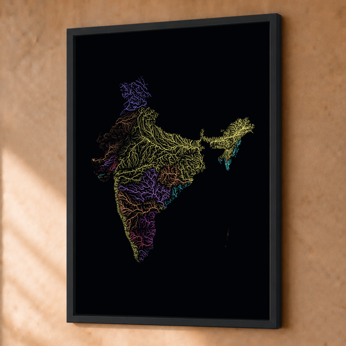 Beautiful Rivers — Índia — Neon por território, Fine art emoldurado · 45 × 60 cm, Preto · Sem margem