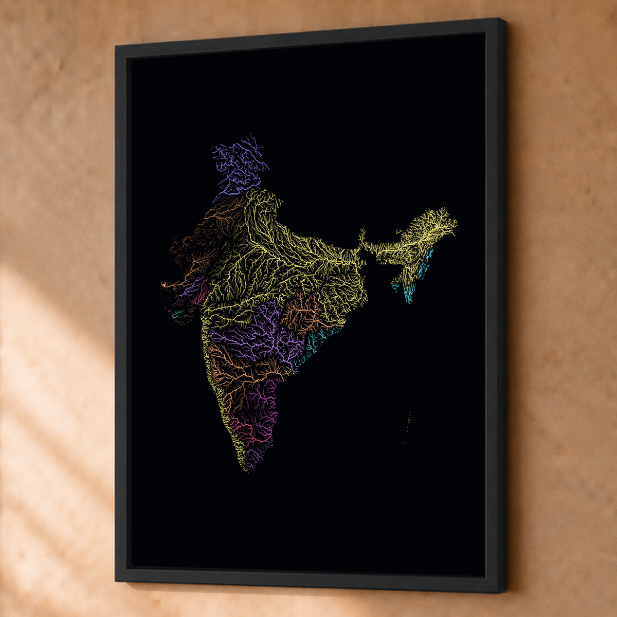 Beautiful Rivers — Índia — Neon por território, Fine art emoldurado · 60 × 80 cm, Preto · Sem margem