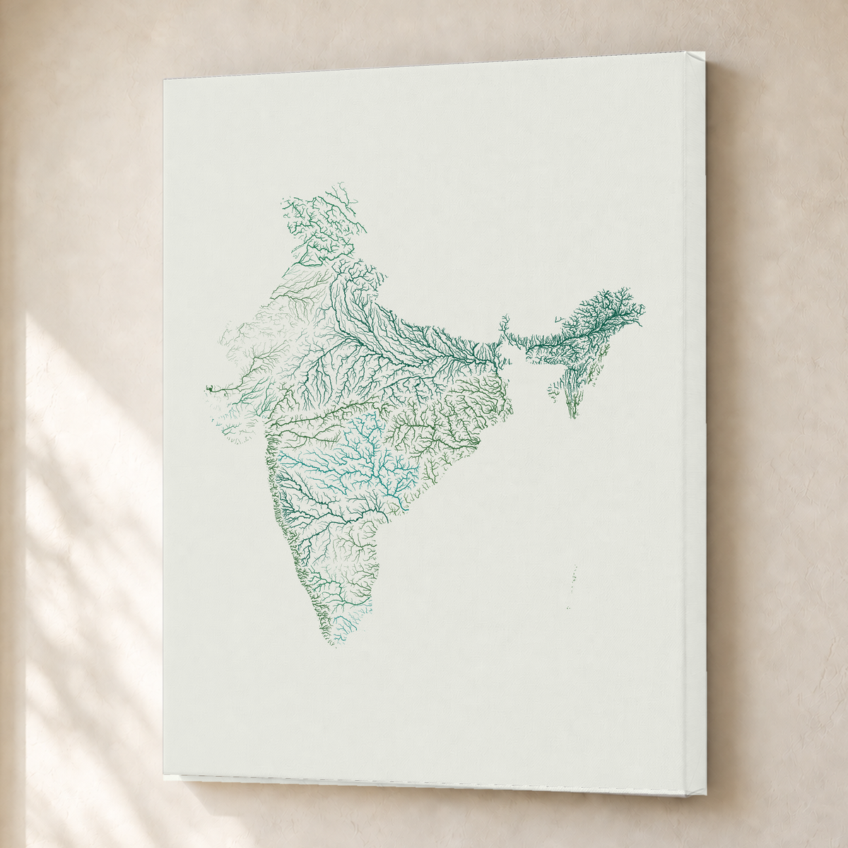 Beautiful Rivers — Índia — Verde jade e porcelana, Canvas · 30 × 40 cm, Sem margem