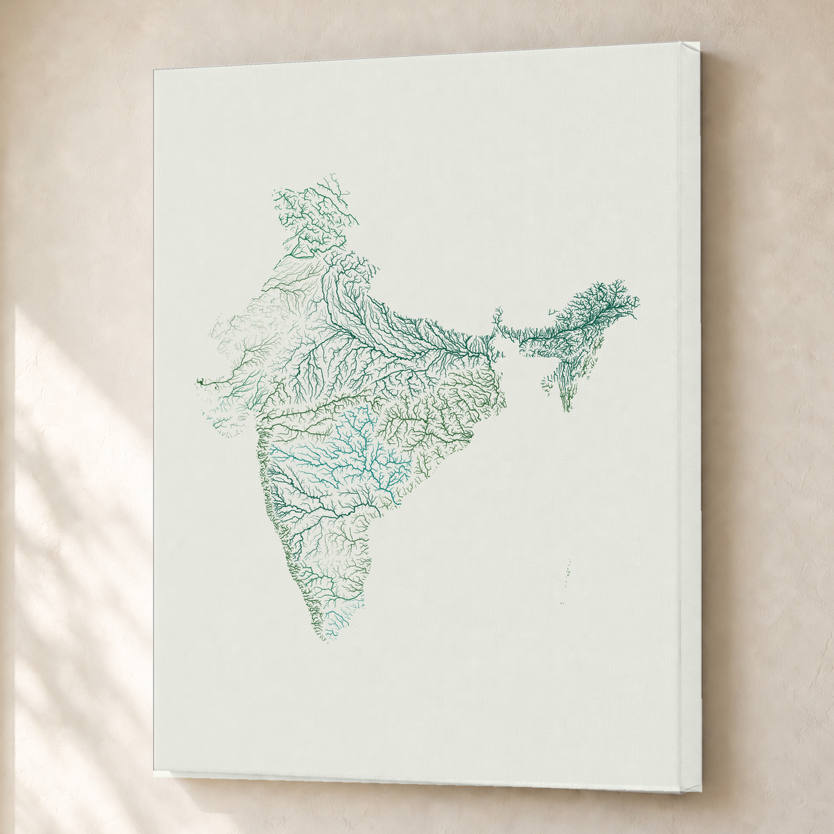 Beautiful Rivers — Índia — Verde jade e porcelana, Canvas · 45 × 60 cm, Sem margem
