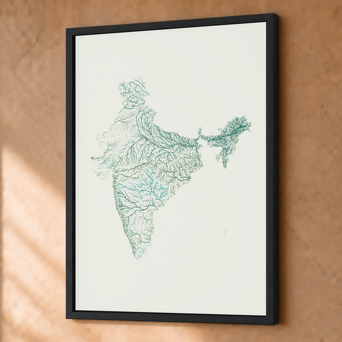 Beautiful Rivers — Índia — Verde jade e porcelana, Fine art emoldurado · 45 × 60 cm, Preto · Sem margem