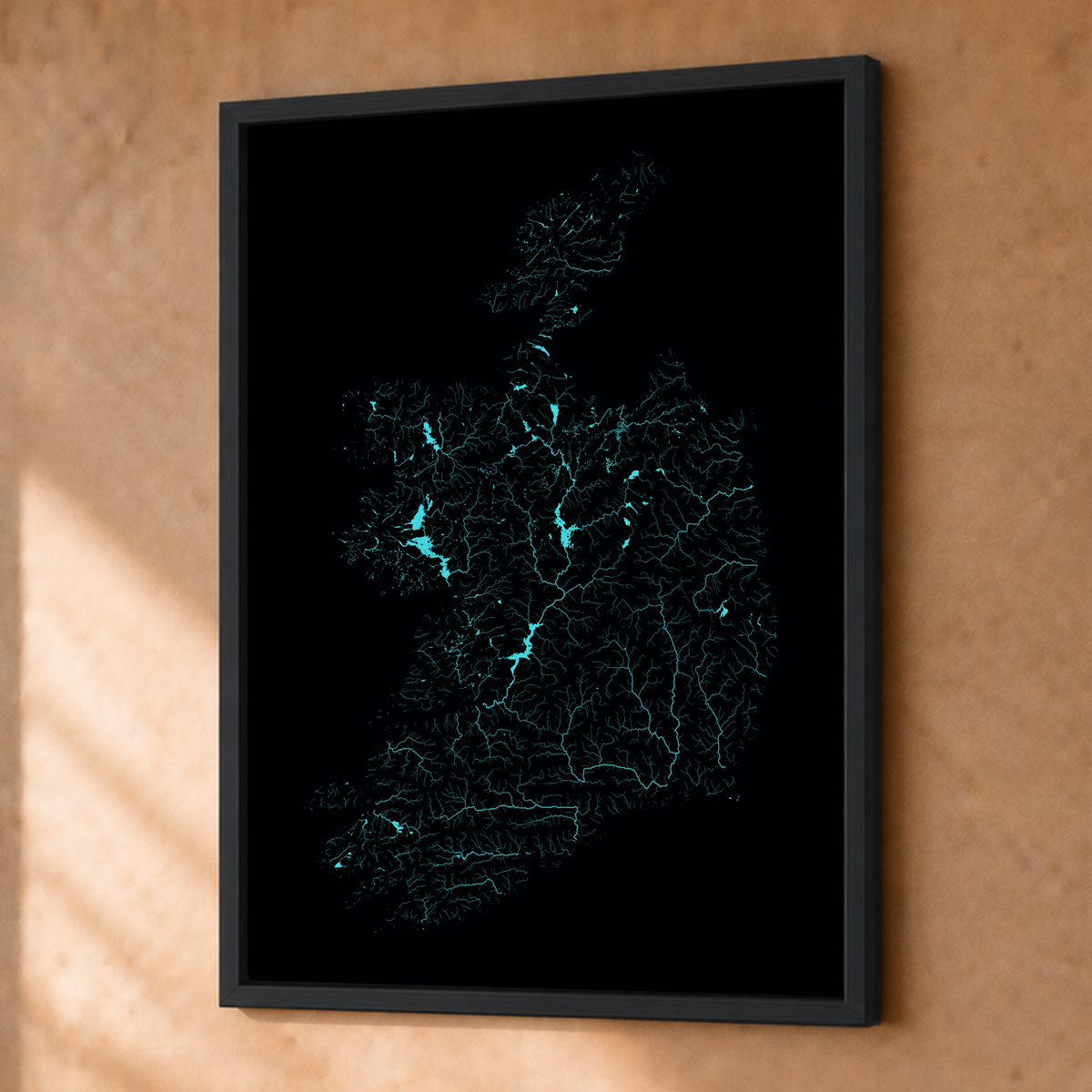 Beautiful Rivers — República da Irlanda — Neon hidrográfico, Fine art emoldurado · 30 × 40 cm, Preto · Sem margem