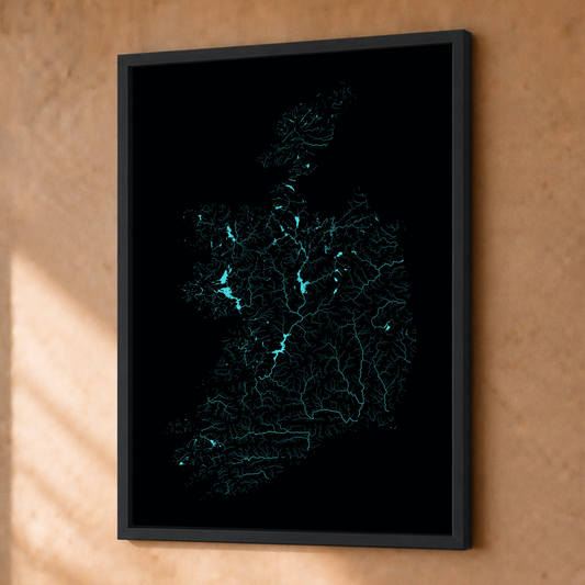Beautiful Rivers — República da Irlanda — Neon hidrográfico, Fine art emoldurado · 30 × 40 cm, Preto · Sem margem