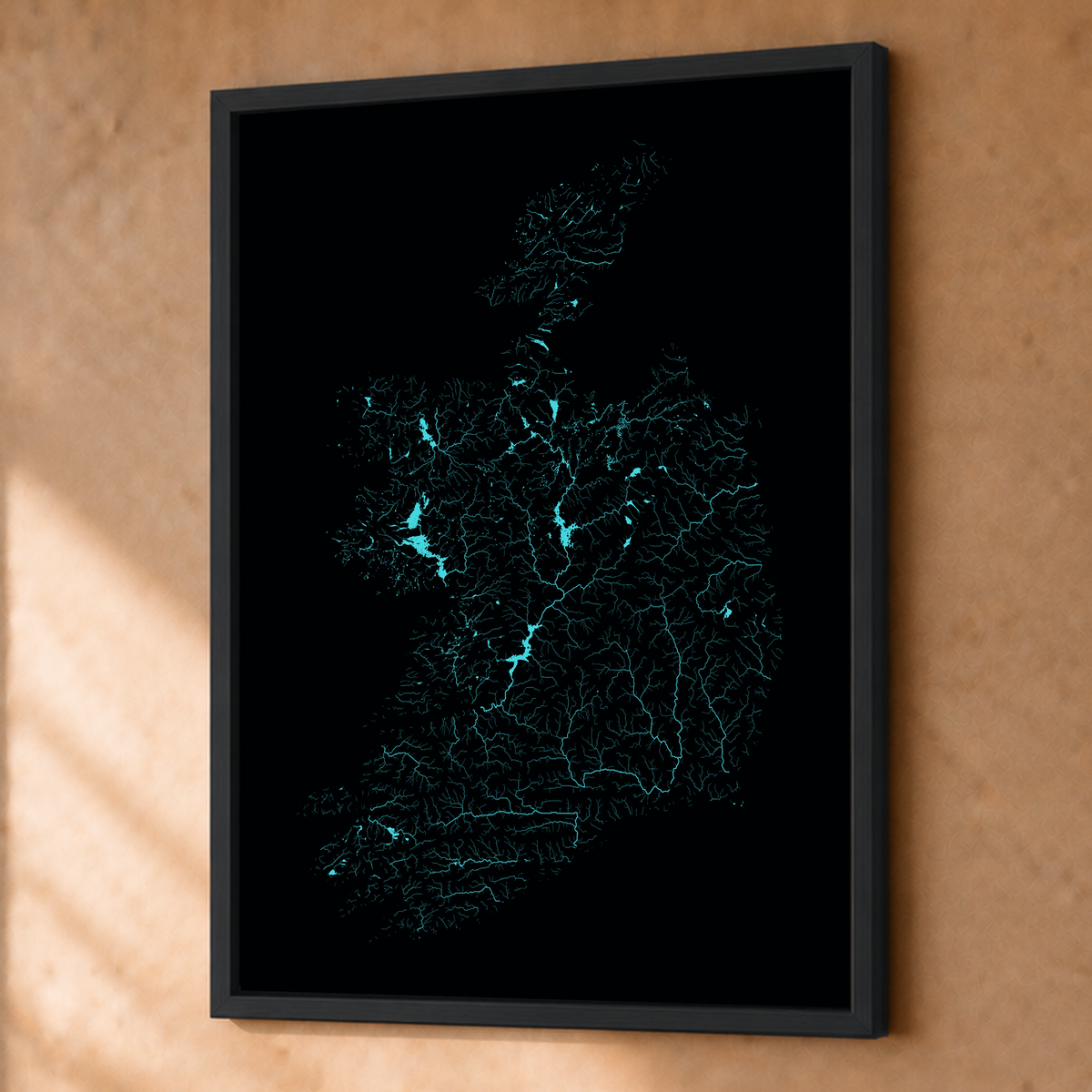 Beautiful Rivers — República da Irlanda — Neon hidrográfico, Fine art emoldurado · 45 × 60 cm, Preto · Sem margem