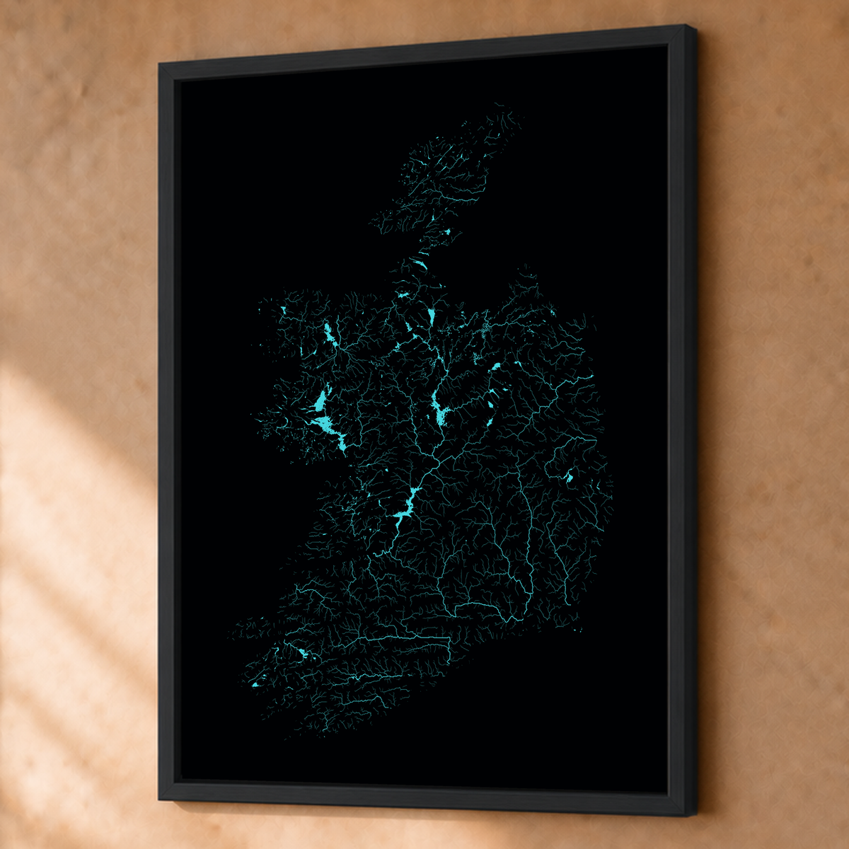 Beautiful Rivers — República da Irlanda — Neon hidrográfico, Fine art emoldurado · 60 × 80 cm, Preto · Sem margem