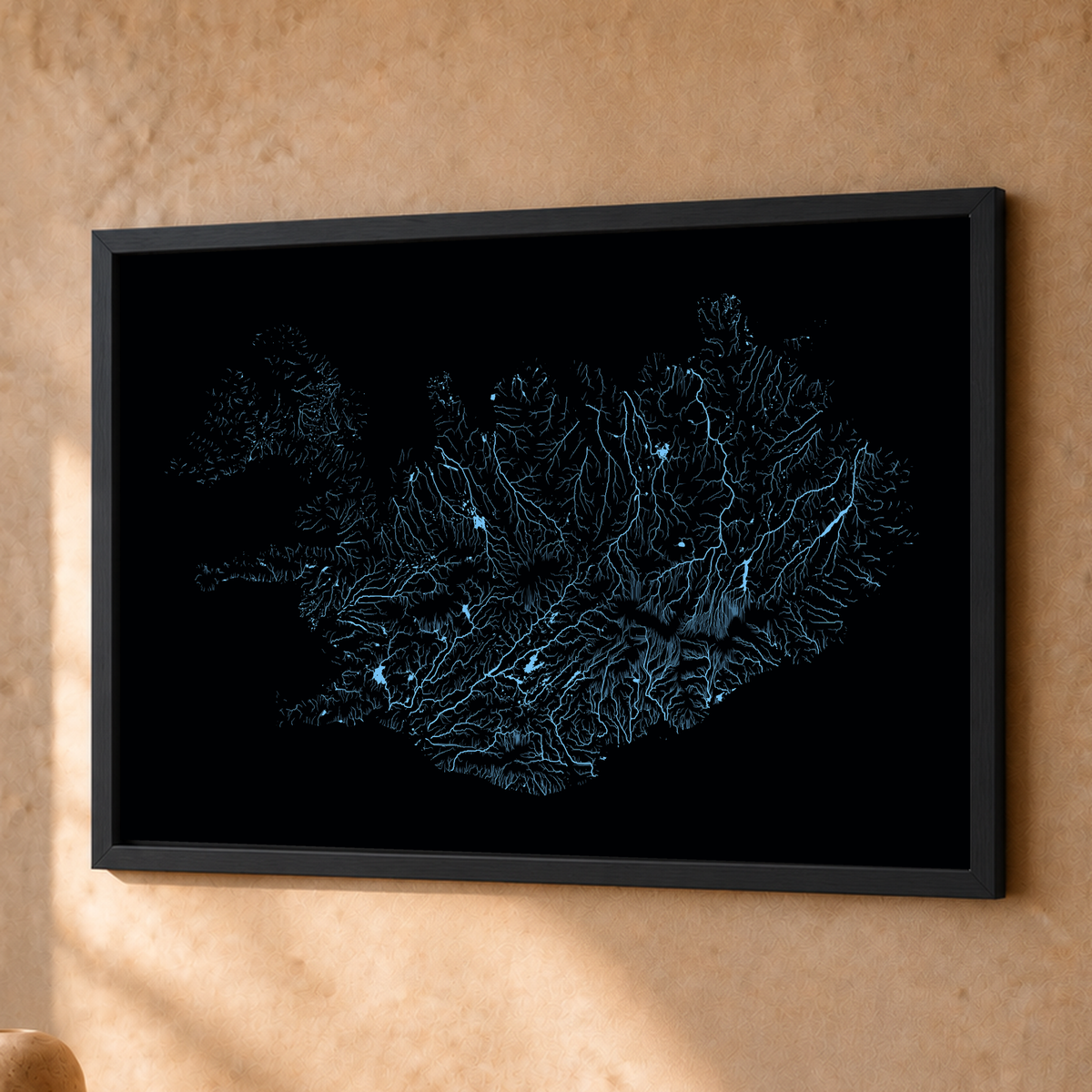 Beautiful Rivers — Islândia — Neon hidrográfico, Fine art emoldurado · 30 × 40 cm, Preto · Sem margem