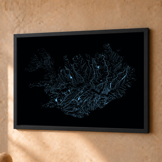 Beautiful Rivers — Islândia — Neon hidrográfico, Fine art emoldurado · 30 × 40 cm, Preto · Sem margem